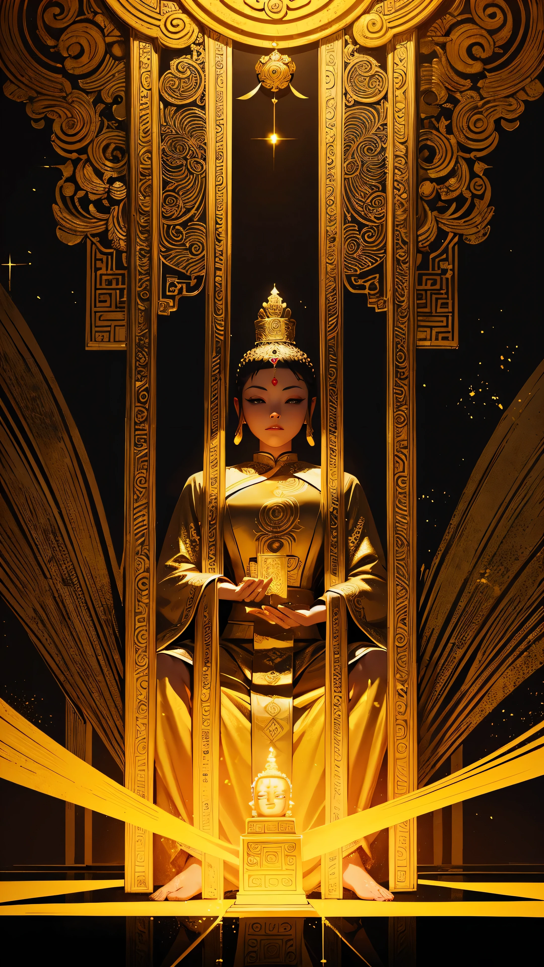 Women Buddha Emperor's clothes, emperor's Buddha, Image of Buddha's palm in the background , elegant, many Dao magic runes in the area effect, golden floor with Dao pattern drawings, One thousand Buddha Palm.HD lighting and dark )<=(epic image quality)dark atmosphere with bright particle light(many effects in background)