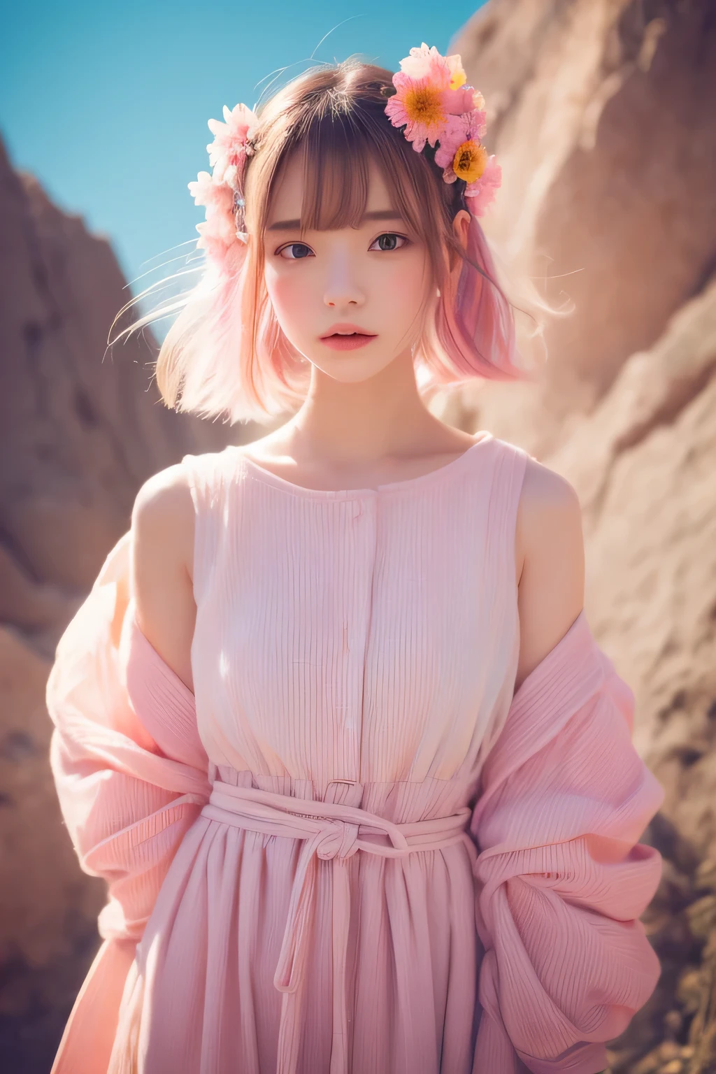 Dried flower、beautiful japanese girl。Creates a high-quality feminine image with an innovative artistic atmosphere that stands out in pastel colors。she has her own fashion style、Wearing bright and soft pastel colored outfits。Against the backdrop of a fantastic and magical landscape.、Interweaving pastel colored light and abstract elements。her pose is sophisticated.、Gives natural movement and dynamism。。Light and shadow effects are attractively presented、Detailed faces and expressions are full of emotion.、Full of charm...。The overall atmosphere is modern and innovative., still、Has a unique artistic touch.。This high quality image、The pastel colors look beautiful、Awakens visual stimulation and aesthetic sense、it&#39;s interesting for the viewer、you will be surprised。We create works that incorporate the vividness of pastel colors and artistic elements.。