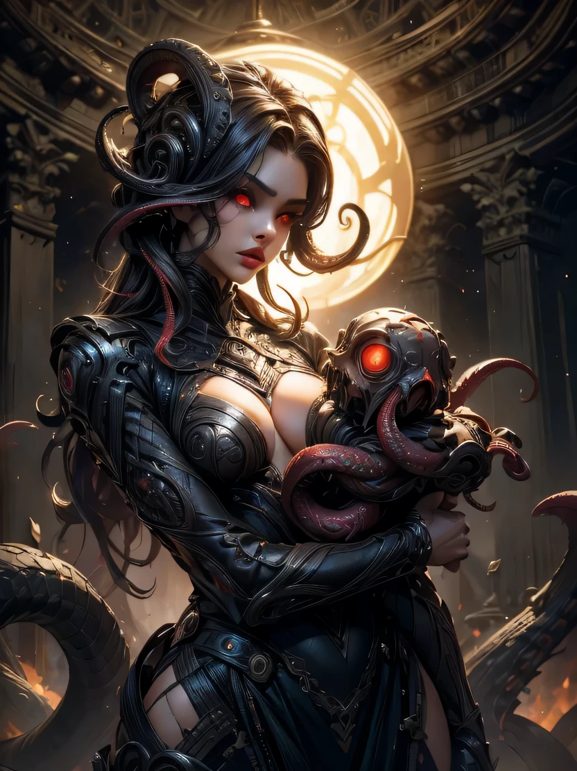 ((masterpiece、highest quality、Super detailed、High resolution、realistic、sharp focus、cinematic lighting))、ラブクラフトの世界からの美しい女性alien、cowboy shot、dark atmosphere、Seductive red eyes、all sexy, alien、multiple hands、(Lots of blue tentacles)、Extraterrestrial life form、cell、bio image、attractive thick eyebrows、 (big red glowing eyes)、Beautiful eyes with high bilateral symmetry、highly detailed eyes、clear eyes、Smooth limbs、Intimate look、perfect anatomy、(Beautiful toned body)、(moist skin),、body smeared with mucus、Glamour、Dress with a ferocious image、heavy makeup、long canines、gorgeous face、many intertwined tentacles、SF、evil aura、H. R.Giger'Impact of、cthulhu、view audience、snake hair、3DMM