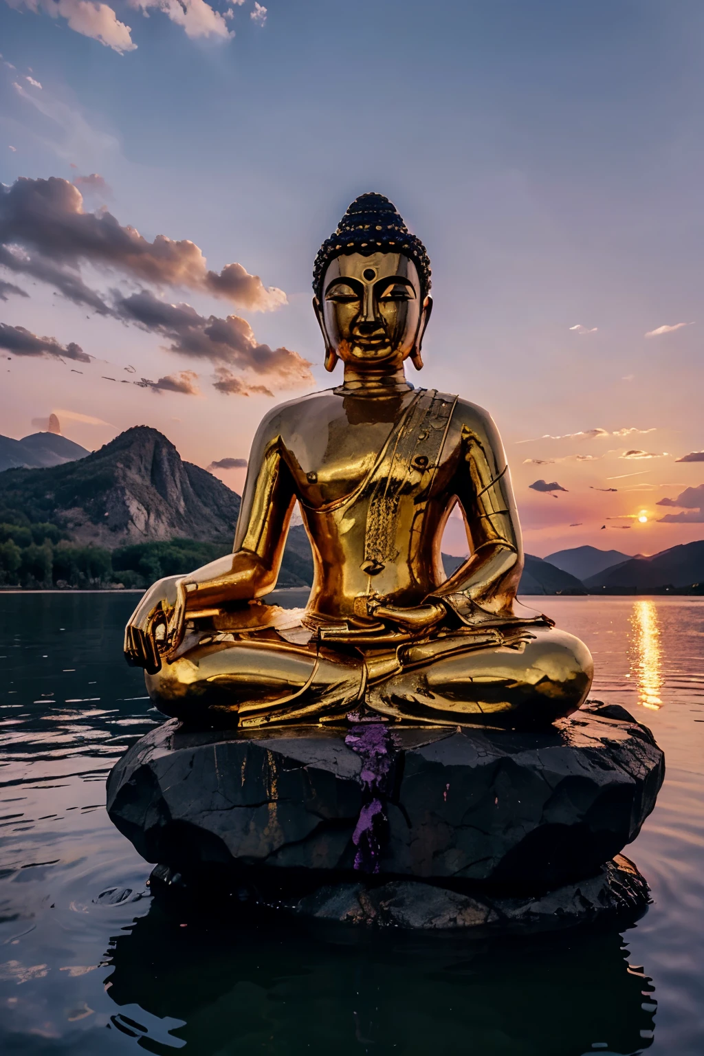 buddha sitting on a rock in middle of a lake with purple skies and golden clouds