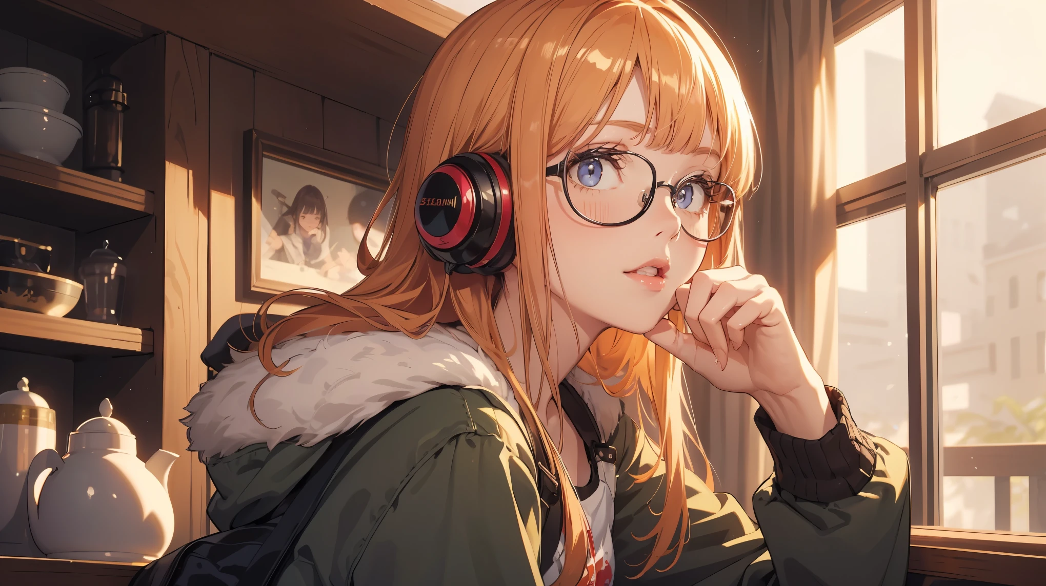 masutepiece, Best Quality, hight resolution, 1girl in, futaba sakura, Blunt bangs, eye glassesの,purple eyes、紫色の瞳 , Ahoge,orange color hair、  eye glassesの, headphones,  bura, Jacket, off shoulders, Fur trim, fur-trimmed jacket, Green jacket, Shorts, ,the golden hour,A smile that showed teeth、1black cat、tea shop、On the counter、Coffee、futaba sakura、Purple eyes、orange color hair、eye glasses、,​masterpiece、top-quality、Official art、illustratio、ligne claire、(Cool_Color)、perfect-composition、focal、acurate, Anatomically correct、 、hight resolution, Beautiful detailed glow, masutepiece*Portrait, 3D Face, Realistic, (masutepiece: 1.3), (max resolution: 1.2), (Ultra HDTV: 1.2), cinematric light, 8K resolution, phi ,​masterpiece、top-quality、Ultra Detail、(((shiny lips: 1.4)))Beautiful face, acurate, Anatomically correct, phiAlways detailed face and skin texture, Detailed eyes, Double eyelids, tThin eyebrows、 pale skin, Lustrous skin all over the body, Perfect face,Always detailed face and skin texture, Detailed eyes, Double eyelids, Thin eyebrows,Natural cheeks, Glossy skin, Fair skin: 1.2, (Glossy lips: 1.4), (((最高にbeautiful a girl)))、(((beautiful a girl)))、（little blush）、（Beautiful face）、
Delicate and beautiful hair, Delicate and beautiful eyes and face, (Beautiful gorgeous cute western woman:1.3),)(((Very Beautiful face))))(((long lashes))))(((Circular twinkling eyes)))(((Glossy and glossy lips)))
(((Cheeks with a slight reddish tinge:0.8)))(((Neat and straight nose bridge)))、(((Cowboy Shot)))crouching cowgirl,