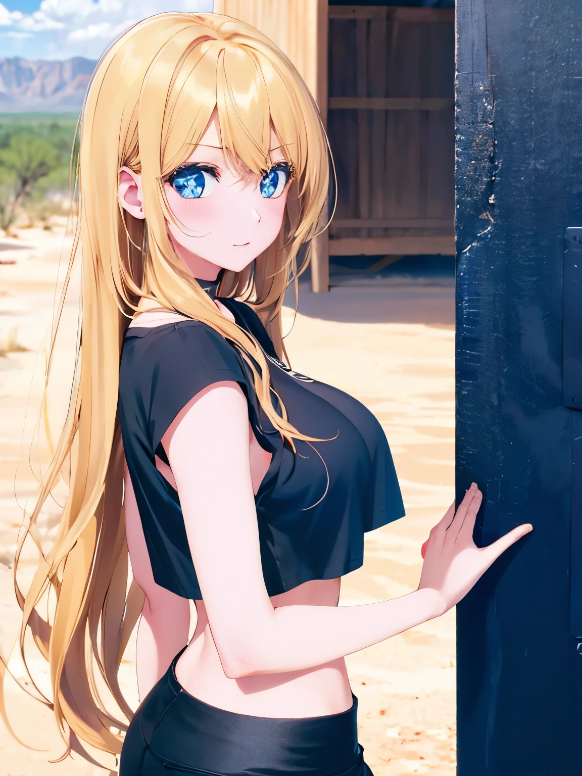 1woman,super beautiful,Whispering in the desert,black t-shirt,black t-shirt,black mini skirt,Very big breasts,Blonde hair,long hair,wavy hair,bangs,blue eyes,ultra detail,ultra Hd, masterpiece,4k