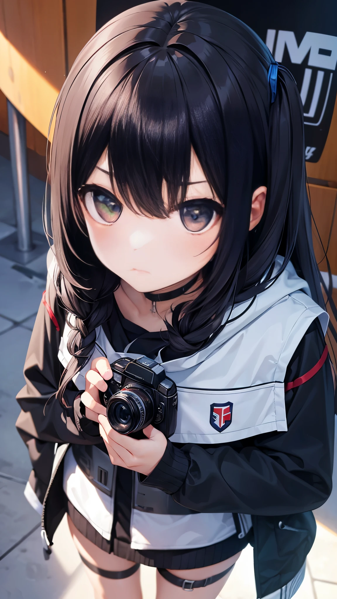 Close-up of girl's face, Grim expression, Stare ahead, standing posture, Travel variety show scene, camera, Recording equipment