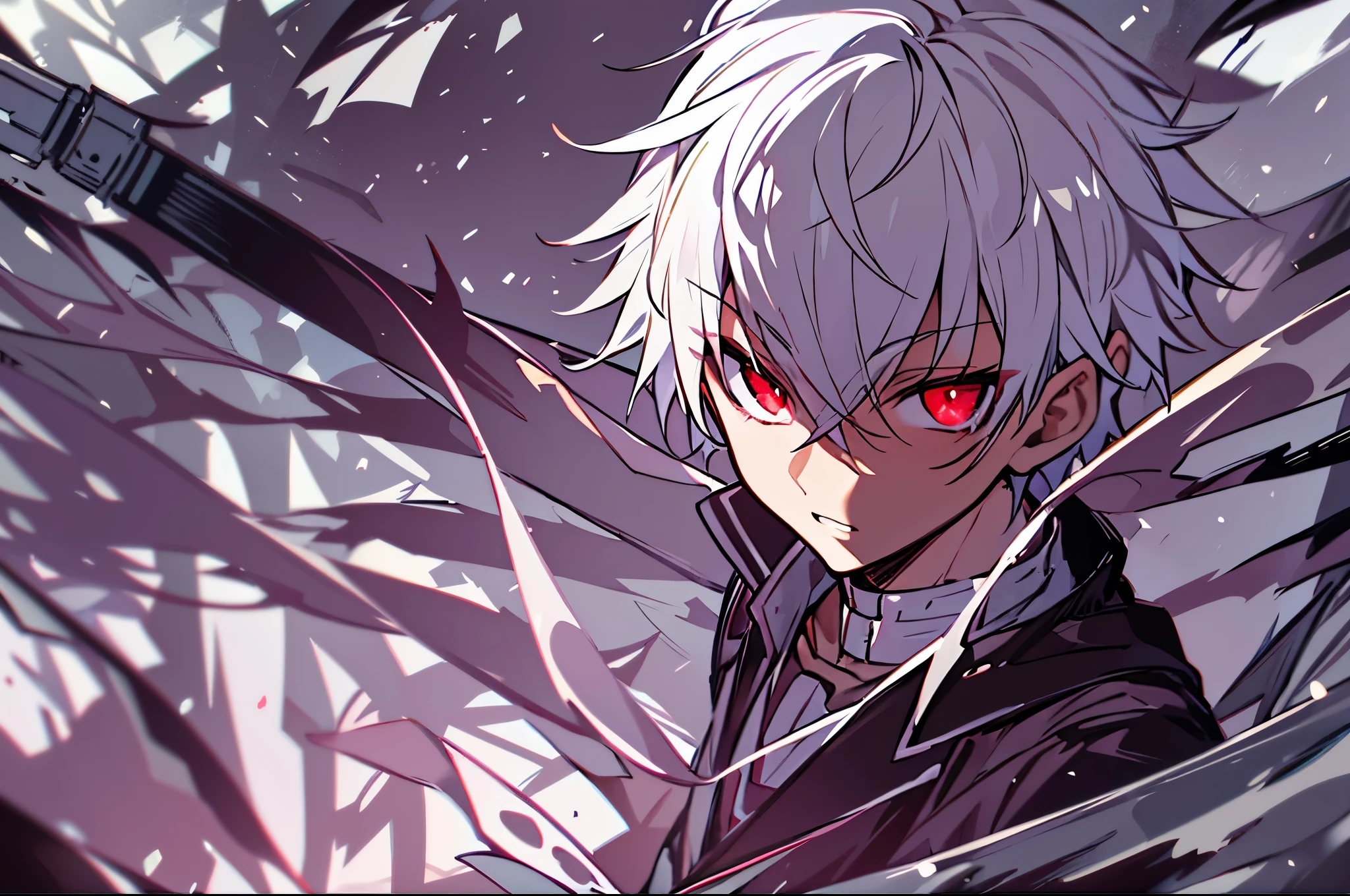 hight resolution,Anime boy with white hair and red eyes staring at camera, red eyes,slim, dressed in a black outfit,Shadow Body,Brown skin,monochromes,hair messy,Diagonal angle
