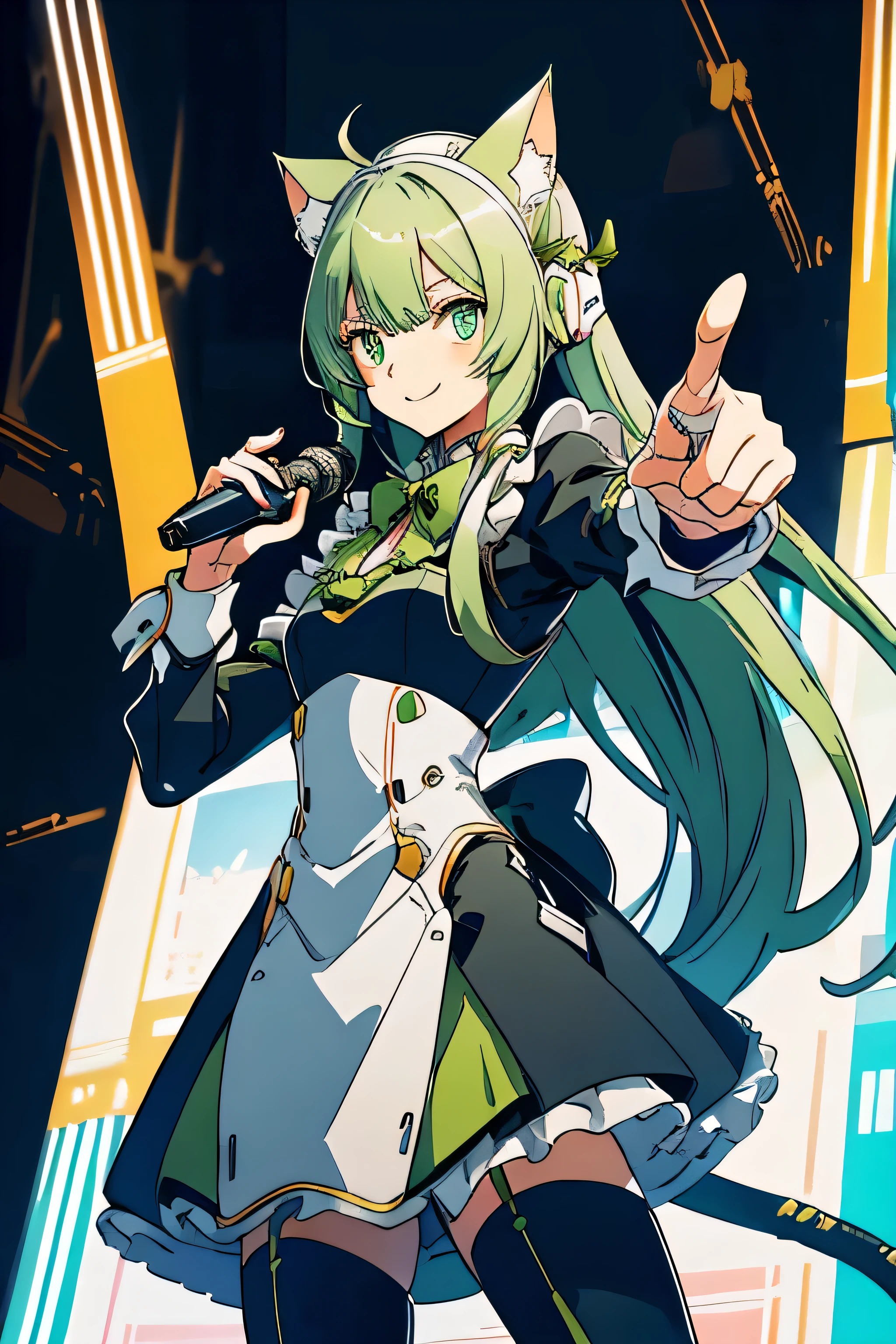 1 Cat-eared maid wearing a mecha suit, Slender fuselage,shining eyes, ((cool pointing pose)),((I have a karaoke microphone)),camouflage, green and white body,((cat ears long hair)),battlefield concept art ,ink art, flat color, high contrast, fashion absurdity, highest quality, negative space,Against the background of blue sky and white clouds,With a big smile,