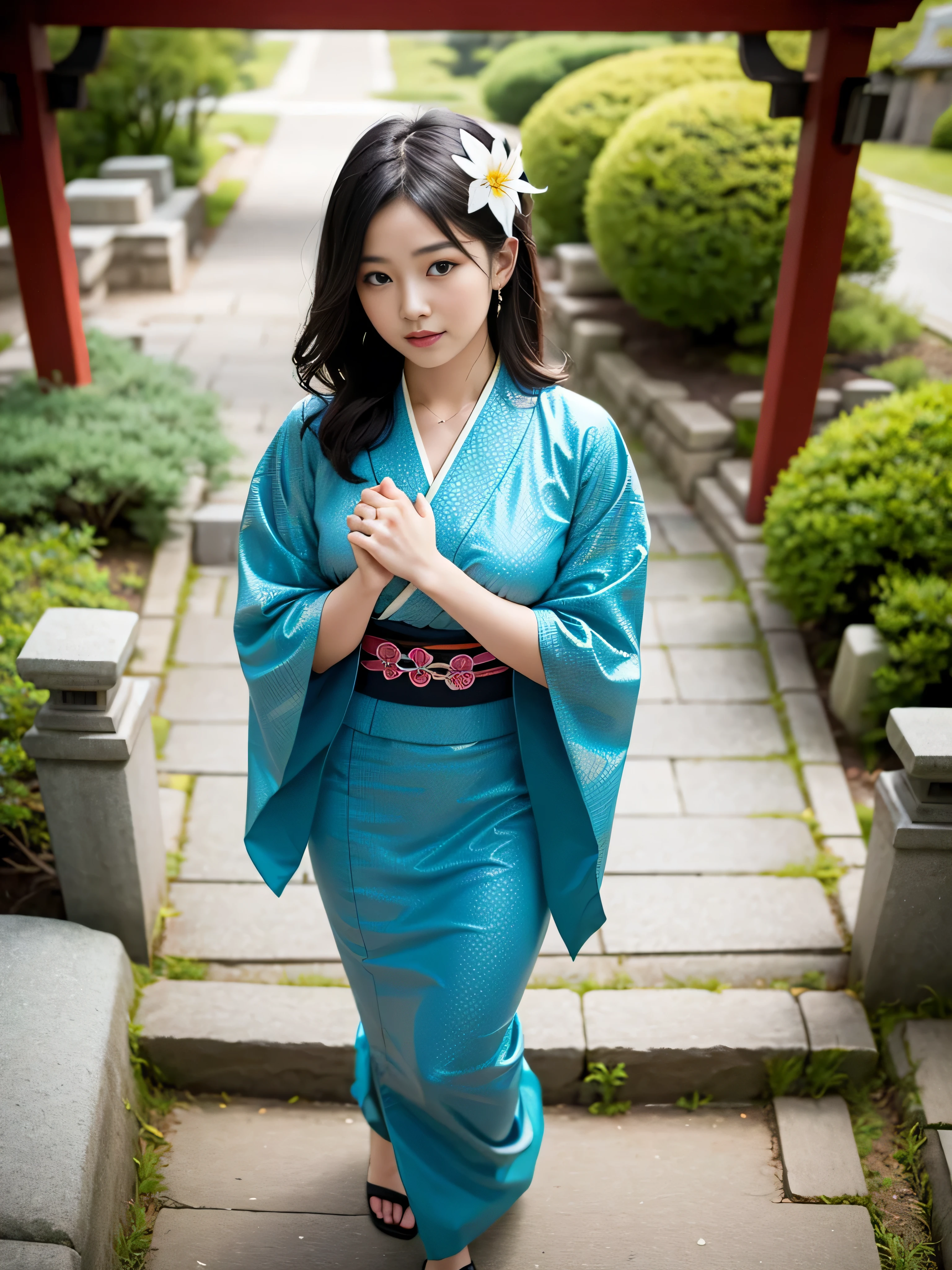 1girl, solo, from above, (white lily flowers), aesthetic, intricate, best quality, detailed background, Sayaka Miki, ((girl wearing a patterned teal kimono:1.2)), (walking in zen garden), casual pose, detailed textures, posing, floral print, hair flower, hair ornament, japanese clothes, kimono, obi, outdoors, pagoda, petals, (teal kimono), sash, shrine, sky, stone stairs, torii, wide sleeves, yukata