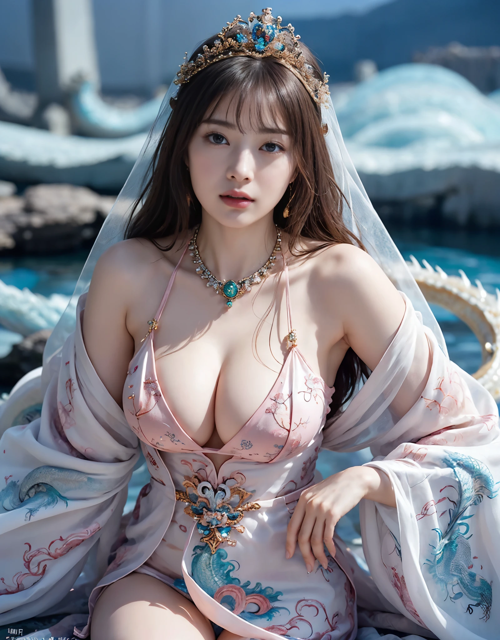 (very heavy chest)、highest quality、masterpiece、ultra high resolution、（ice dragon armor）、(((Metal製))),(((big breasts)))、(((Detailed revealing pink micro bikini))),(she wears a beautiful crown made of precious stones.),(Photoreal:1.4)、RAW photo、1 girl、(((random hair))、(((color々take a pose)))、glowing skin、(((ice ice chinese dragon)))、intricate and gorgeous hair ornaments、（Looks like a gorgeous jewelry necklace）、（someone who looks at you calmly, Eyes like a goddess.）happiness:1.2).((beautiful sea background))、cliff、(ruins background)、((Super realistic details))、portrait、global illumination、（sexy pose）、Shadow、octane rendering、16K、big breasts、Raw skin exposed in the cleavage、Metal、intricate decorative details、Japan details、very intricate details、realistic light、CG Society Trenlow Eyes、Eyes shining towards the camera、（veil）、(((heavy big))),Shining eyes shine、armpit、24K,