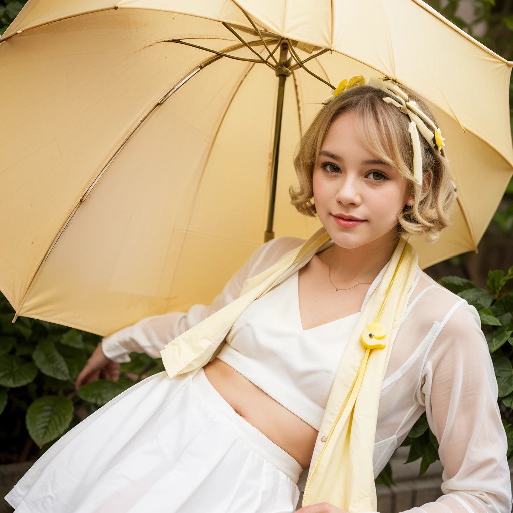 A cute with a cream and yellow umbrella.