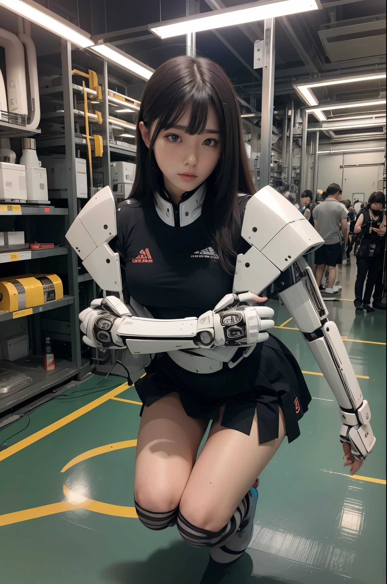 masterpiece, best quality, extremely detailed, Japanese android girl,Plump ,control panels,Squat,Mechanical Hand,Robot arms and legs, white robot body,blunt bangs,skirt,knee high socks,blue eyes
