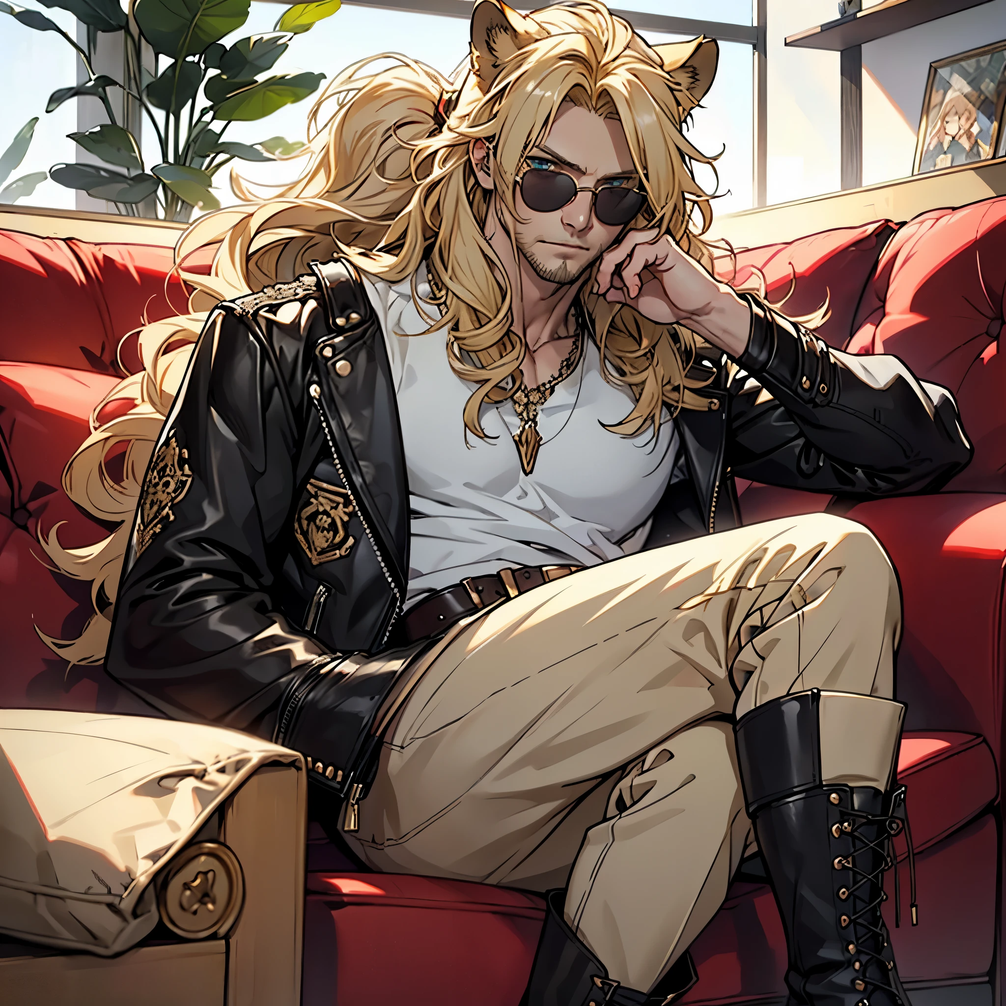 leather jacket, ((one male)), lion ears, long hair, blond, blond hair, green eyes, tall, muscular, white shirt, ((beautiful face)), ((highest quality)), ((masterpiece)), ((2d)), (anime), perfect face, (((highest detail))), feline eyes, stubble, lion tail, wavy hair, (far shot), (((detailed face))), intricate details, ((sitting on white couch)), white background, black boots ((red sunglasses)),