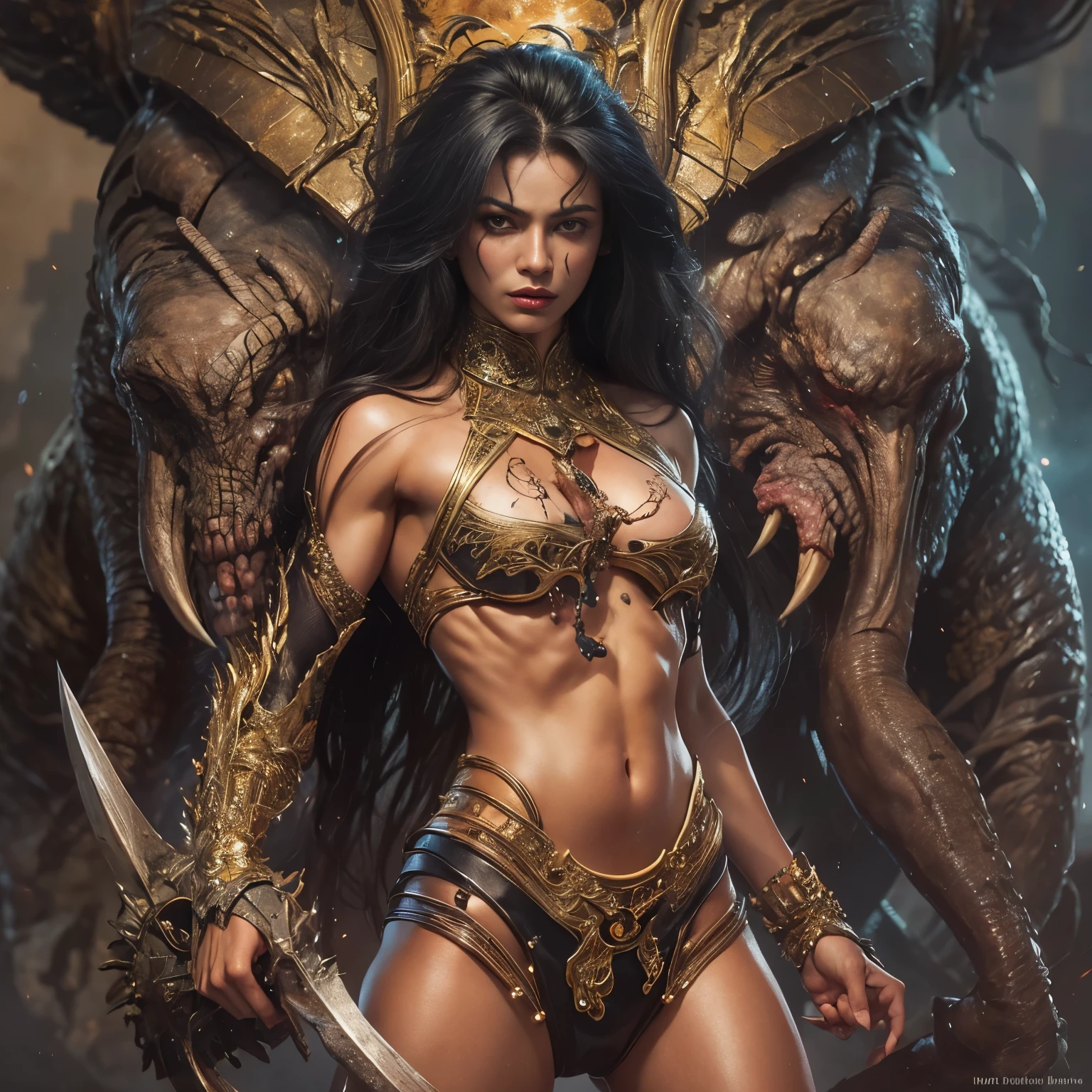 1 female alien, The predator, warrior, (extremely beautiful:1.2), (intense gaze:1.4), (predator:1.1), long dark claws, NSFW, nipples, thick eyebrows, glowing and shining golden eyes, the most beautiful face in the universe, black hair,
A woman with an extremely beautiful face, her intense gaze fixed on her prey, a primal force that could not be denied.
(extreamly beautiful lean body:1.5), (ultra muscular build:1.2), (prowling:1.3), (sleek movements:1.4),
Her beautiful body, muscular and toned, moved with sleek grace as she prowled, ready to strike at a moment's notice. The predator within her was always on