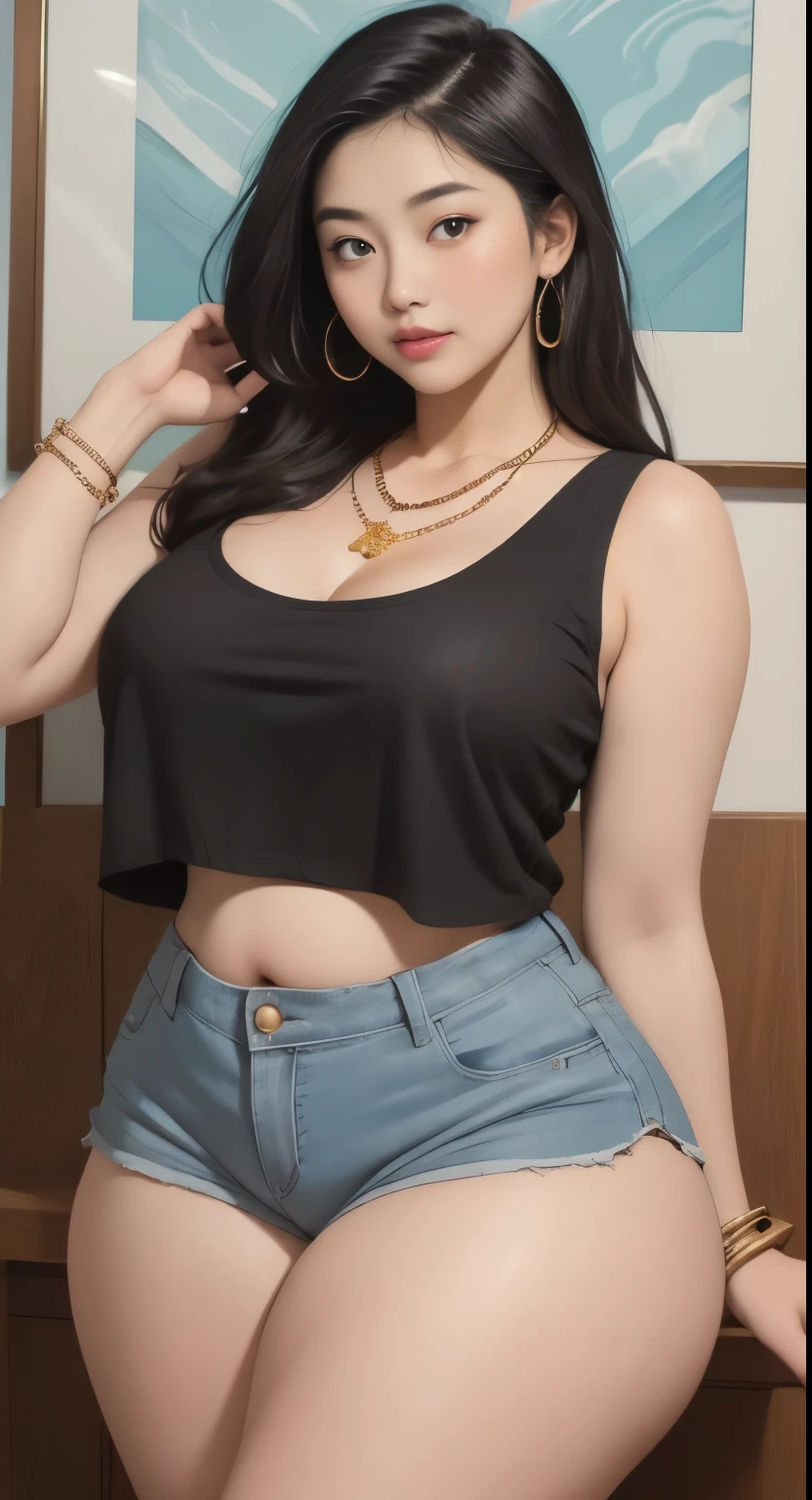 there is a woman in a black shirt and gold shorts posing for a picture, beautiful thick female, thicc, wide hips, thick thighs, alluring plus sized model, rubenesque, thick legs, large thighs, plus size woman, widest hips, thick body, thick, curvy hourglass figure, curvy model, arabian-japanese goddess , beautiful curvy female, slightly fat arms , wearing 5 bracelet, wearing 3 diamond necklace 