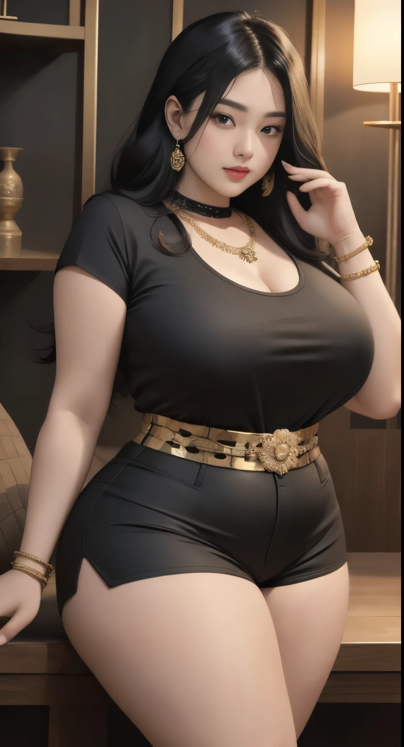 there is a woman in a black shirt and gold shorts posing for a picture, beautiful thick female, thicc, wide hips, thick thighs, alluring plus sized model, rubenesque, thick legs, large thighs, plus size woman, widest hips, thick body, thick, curvy hourglass figure, curvy model, arabian-japanese goddess , beautiful curvy female, slightly fat arms , wearing 5 bracelet, wearing 3 diamond necklace 