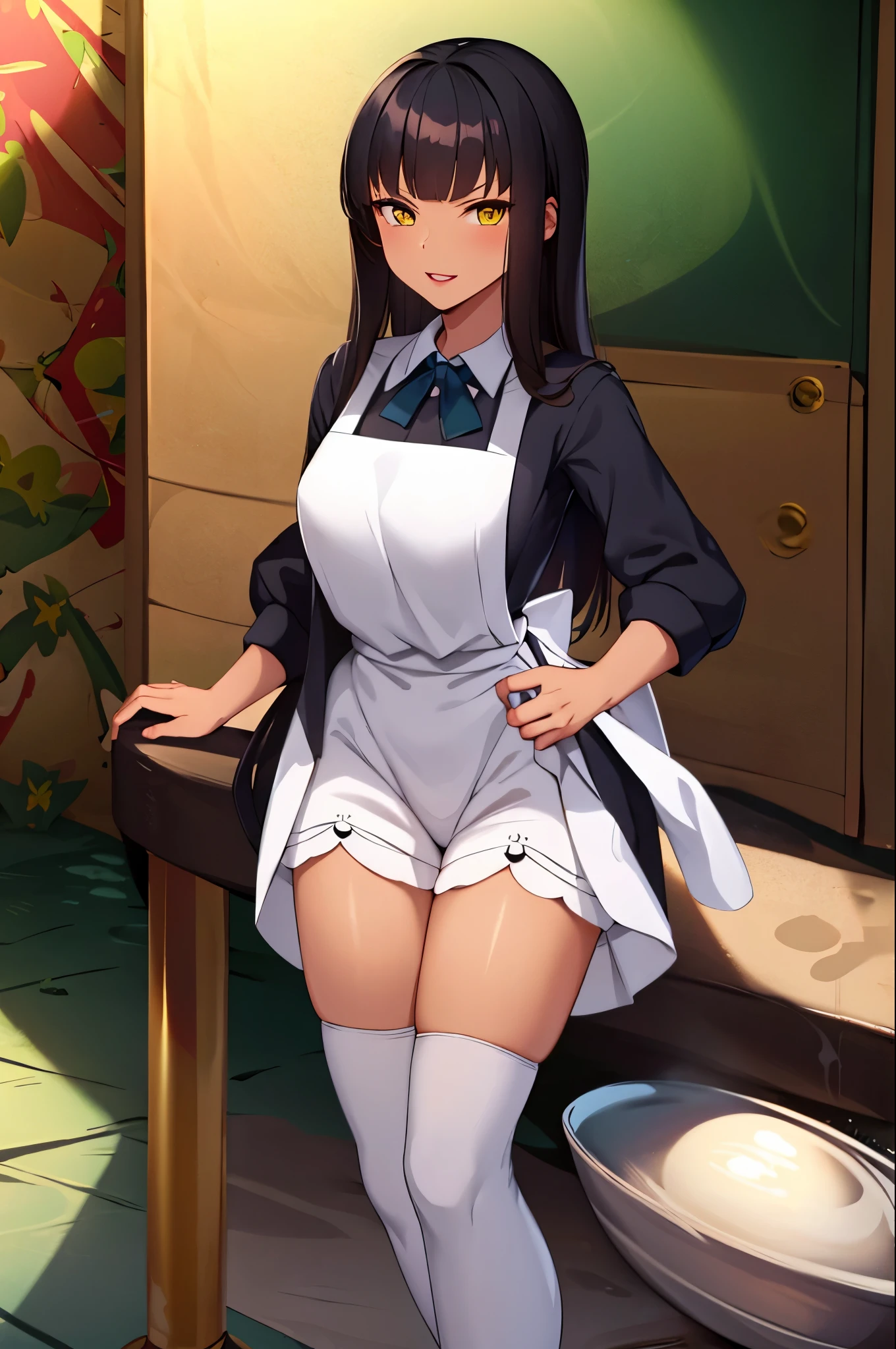 (masterpiece:1.4), (best qualit:1.4), (high resolution:1.4), Osira, black dress, white apron, black hairband, Victorian bloomers, white thigh highs, smile, looking at viewer, legend of queen opala, 1girl, osira (character), black hair, darkskinned female, yellow eyes, blunt bangs, big breasts, annoyed expression, looking at viewer, skirtliftfront