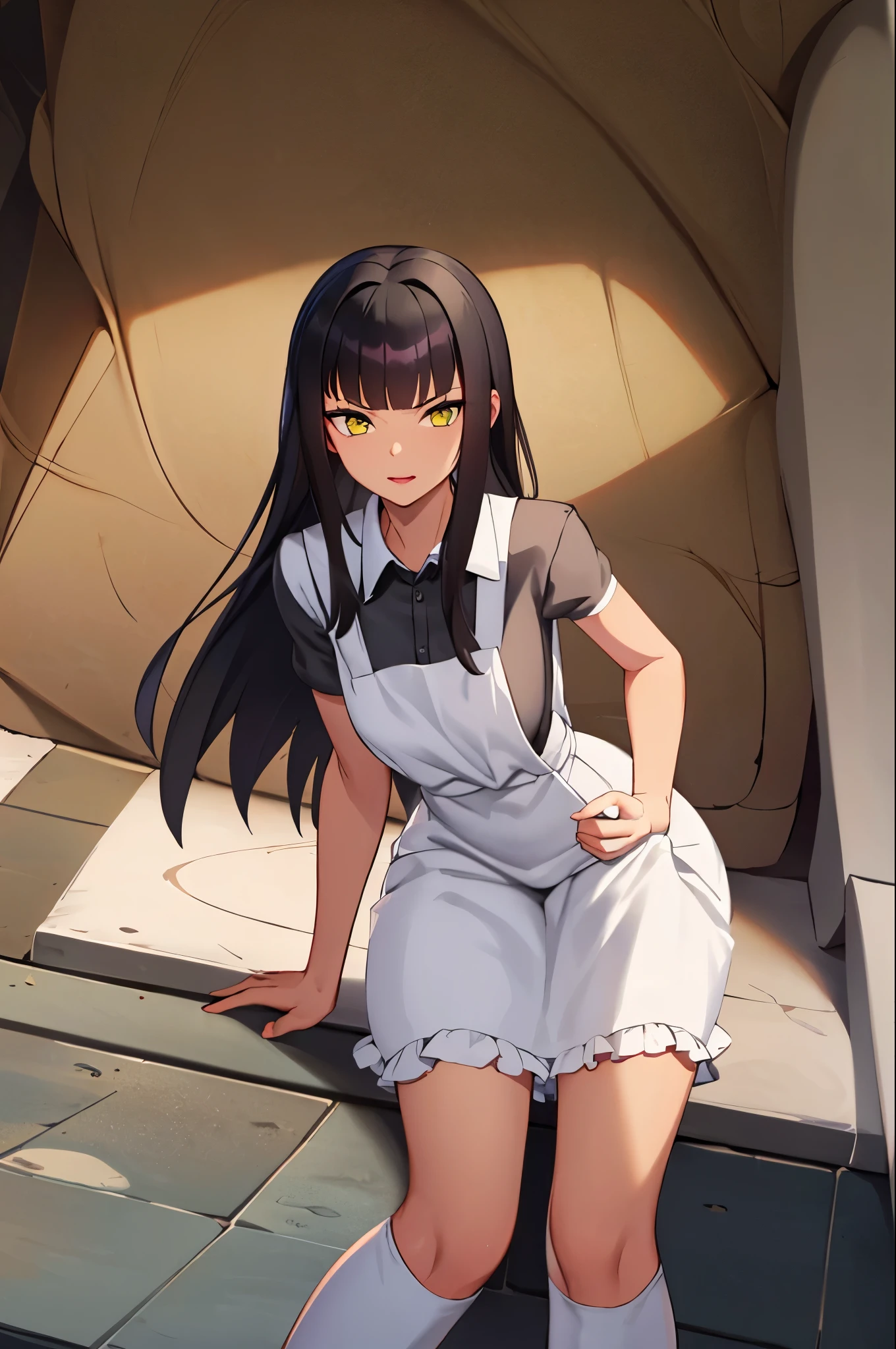 (masterpiece:1.4), (best qualit:1.4), (high resolution:1.4), Osira, black dress, white apron, black hairband, Victorian bloomers, white thigh highs, smile, looking at viewer, legend of queen opala, 1girl, osira (character), black hair, darkskinned female, yellow eyes, blunt bangs, big breasts, annoyed expression, looking at viewer, skirtliftfront