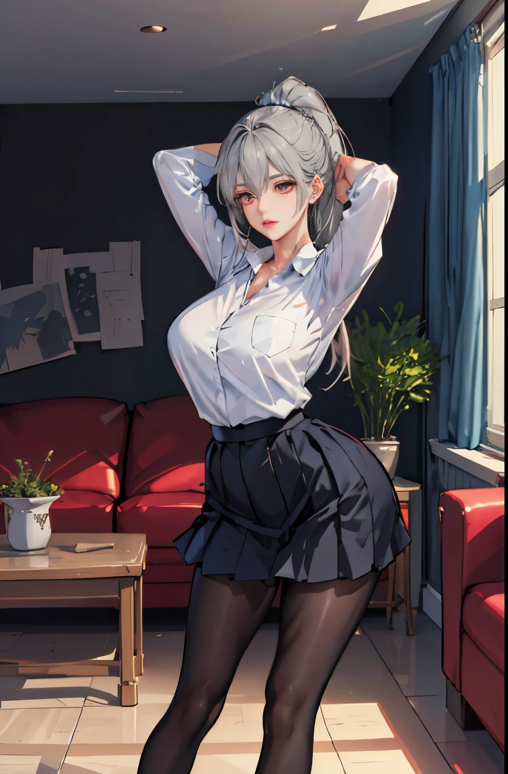 1 girl! Ray tracing, Best shadows, high resolution (dim lights) Detailed background (living room) fluffy silver hair, plump and slim girl, high ponytail avoiding golden eyes in the ominous living room (girl in white shirt, black pleated skirt, Paired with black transparent pantyhose), Show off your exquisite figure and graceful curves, Correct positioning and sound limbs! Place your hands behind your head, Stand dignified, facial details! Exquisite facial features, Pay attention to the position details of the legs! Pay attention to hand details! high quality! more qualified! Reduce errors, Fine drawing, Super detailed CG, A more reasonable picture! Pay attention to finger details! 8k wallpaper, masterpiece level.