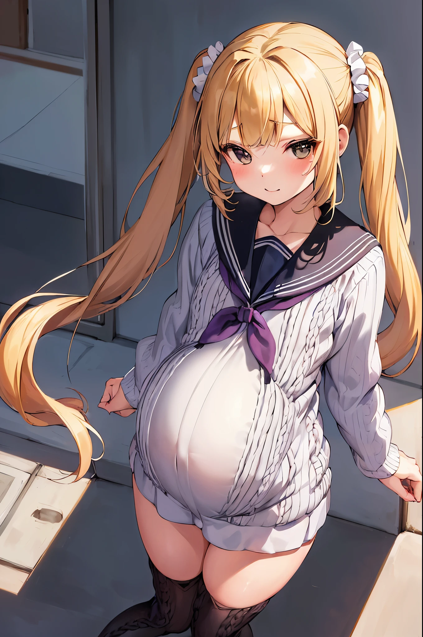 masterpiece, best quality,pregnant junior high school girl、(1girl,solo)、
blonde hair,twintails hairstyle、Scrunchie decoration on hair、Confident face、
(((matanity long onepiece,ridge knitting)))
under ((school sailor jacket,open jacker))、Thighhighs of black 、