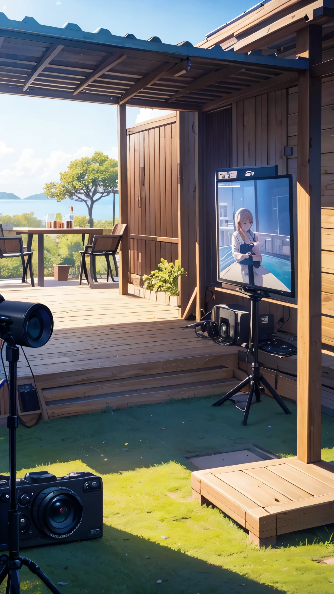 Outdoor travel variety show scene，live broadcast room on screen，danmaku，Live streaming gifts，recording device，