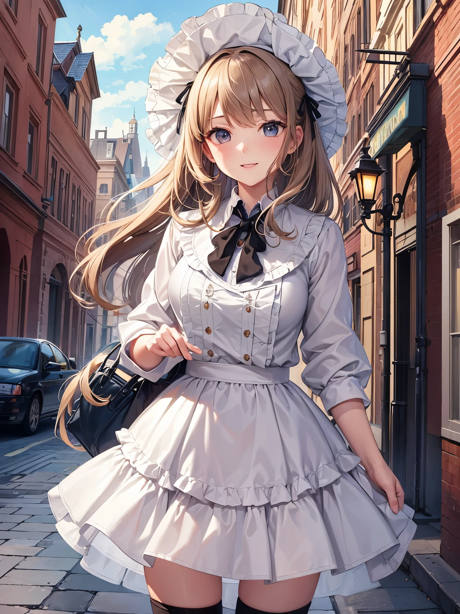 ((highest quality)),(ultra high resolution),(Super detailed),(detailed description),((best CG)),(best work of art),super precision art,amazing drawing art,(Art with precise details:1.5), (1 female:1.5),Great detective:1.6,(beautiful and well-shaped face:1.5),(wink:1.5),(A detailed raincoat:1.6),(Shirt with ruffles:1.4),(Knee-high boots:1.5), (A detailed brick street corner:1.4),(Gas lamps:1.4),