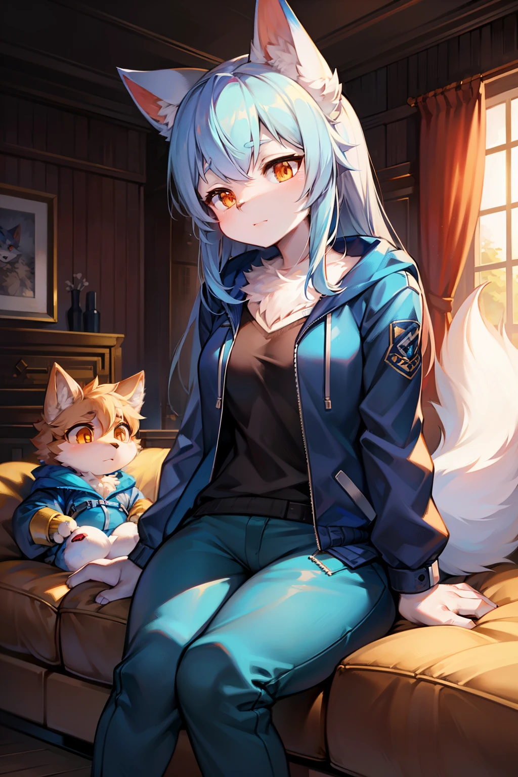 masutepiece,Best Quality,ultra-detailliert,Two hands,Two legs,Five Fingers,best faces,1 girl,a blond,Middle hair,BREAK,cat hood,Blue Hoodie,Moe Sleeve,White cat pin badge on hood,Dark blue mini skirt,Black stockings,BREAK,Classroom