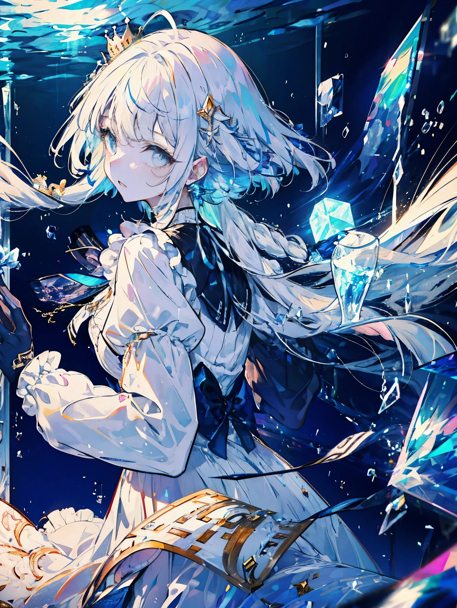nffsw, retina, table top, Accurate, anatomically correct, Super detailed, advanced details, high quality, award-winning, 最high quality, High resolution, 1080p, hard disk, 4k, 8k, 16k, white long hair, Light blue eyes are shining brightly, Ahoge, hand out, floating spike of ice in hand, ice crown, fluffy white dress, mini skirt frilly and short, sleeve lest, white elbow high gloves
