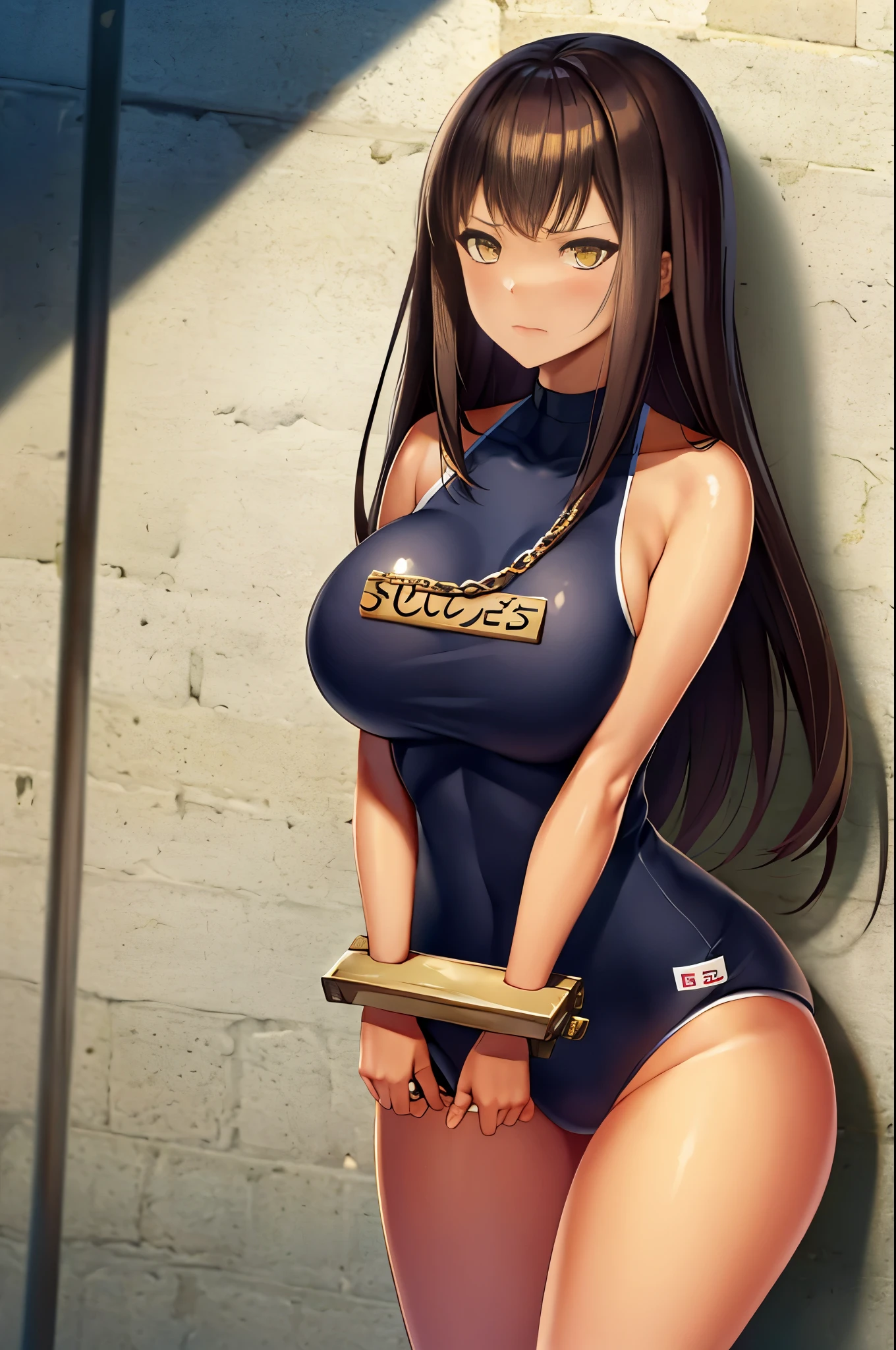 masterpiece, detailed, best quality, beautiful girl, school swimsuit, shackles, stocks, troubled face, dark dungeon, (prison), legend of queen opala, 1girl, osira (character), black hair, darkskinned female, yellow eyes, blunt bangs, big breasts, amused expression, looking at viewer