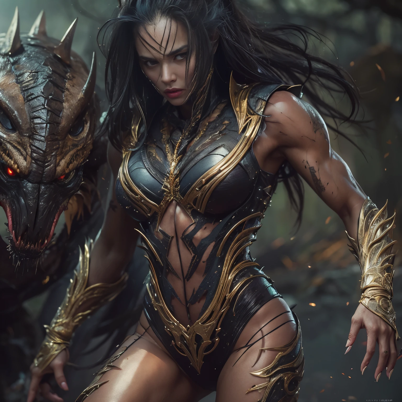 1 female alien, The predator, warrior, (extremely beautiful:1.2), (intense gaze:1.4), (predator:1.1), long dark claws, NSFW,  nipples, thick eyebrows, glowing and shining golden eyes, the most beautiful face in the universe, black hair,

A woman with an extremely beautiful face, her intense gaze fixed on her prey, a primal force that could not be denied.

(extreamly beautiful lean body:1.5), (ultra muscular build:1.2), (prowling:1.3), (sleek movements:1.4),

Her beautiful body, muscular and toned, moved with sleek grace as she prowled, ready to strike at a moment's notice. The predator within her was always on