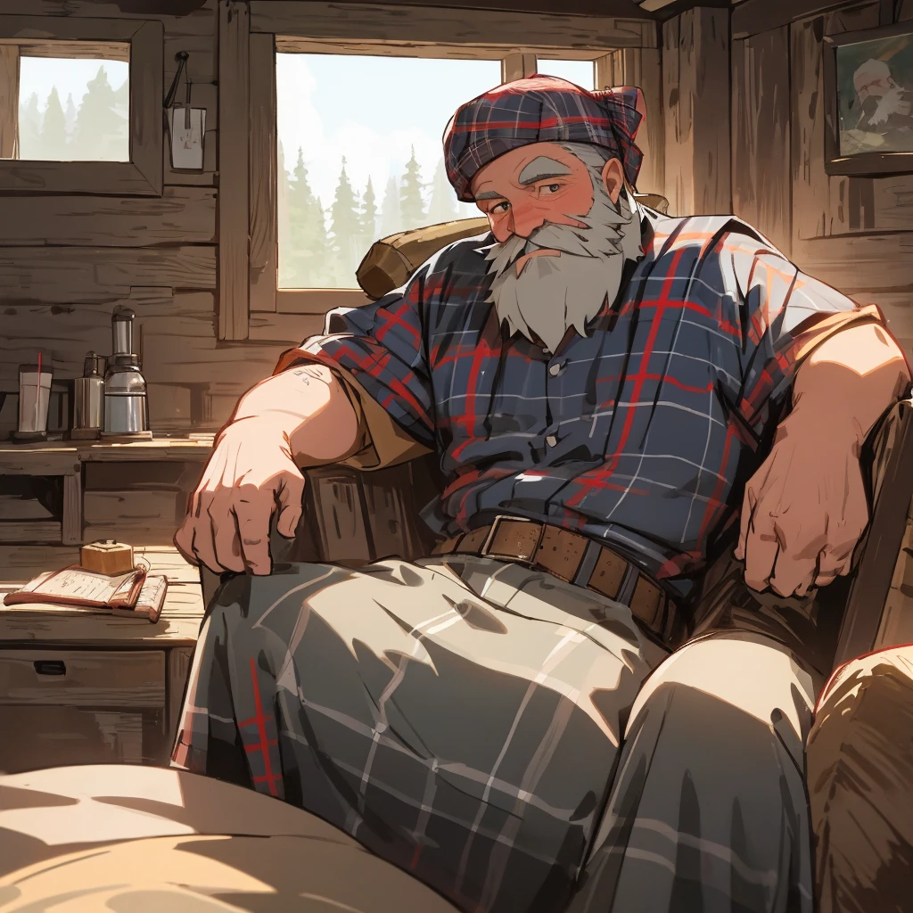 An old lumberjack, relaxing in his cabin