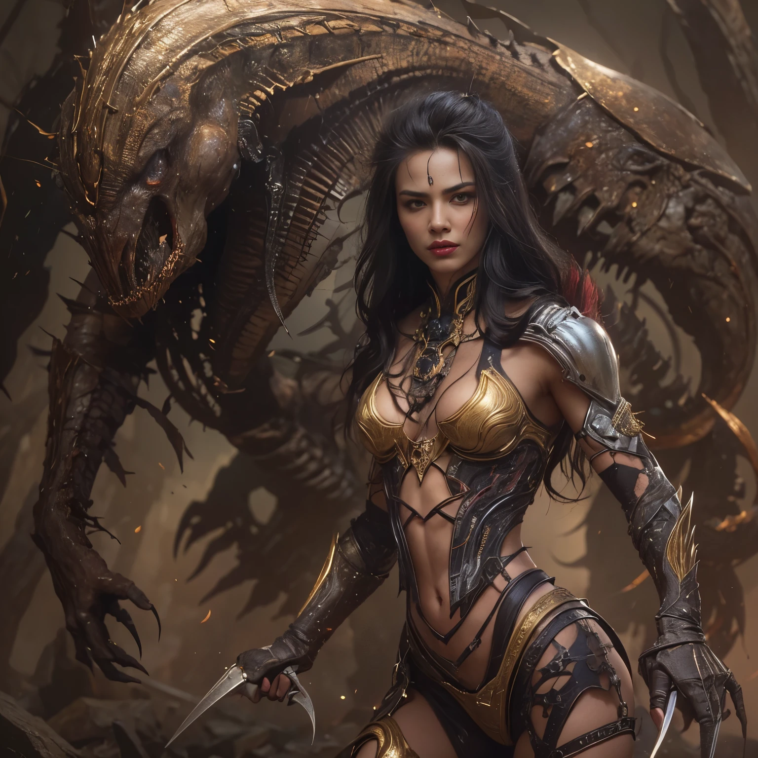 1 female alien, The predator, warrior, (extremely beautiful:1.2), (intense gaze:1.4), (predator:1.1), long dark claws, NSFW, nipples, thick eyebrows, glowing and shining golden eyes, the most beautiful face in the universe, black hair,
A woman with an extremely beautiful face, her intense gaze fixed on her prey, a primal force that could not be denied.
(extreamly beautiful lean body:1.5), (ultra muscular build:1.2), (prowling:1.3), (sleek movements:1.4),
Her beautiful body, muscular and toned, moved with sleek grace as she prowled, ready to strike at a moment's notice. The predator within her was always on