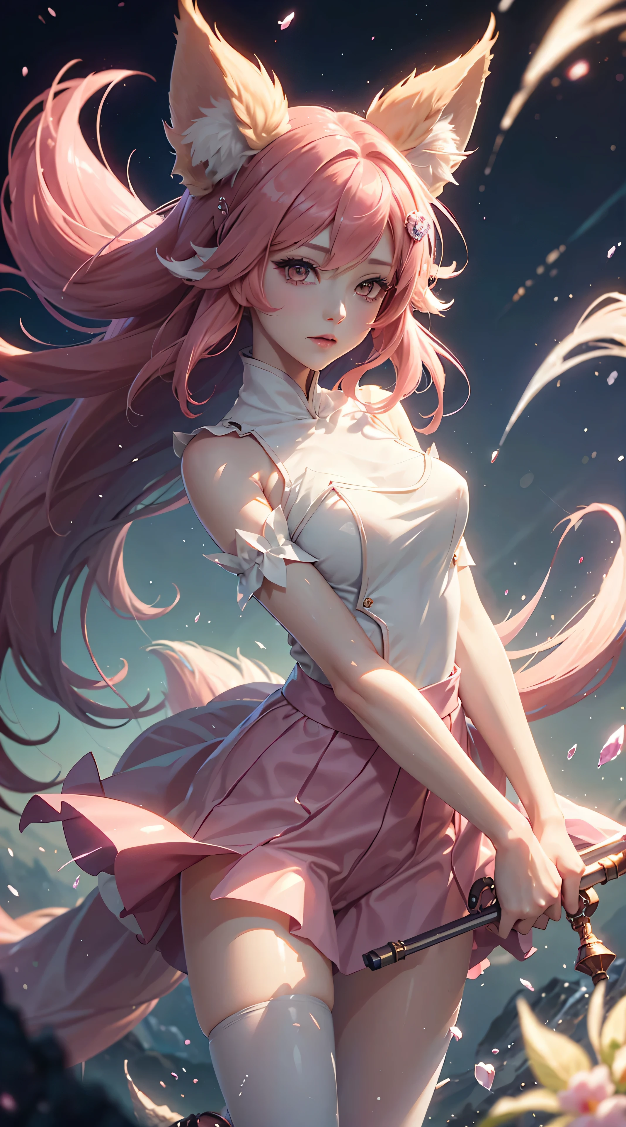 Nine snow-white fox tails (1.0), milky fox tail (1.0), fox close-up of nine tails, nine-tails, nine-tails, anime girl with pink hair and pink dress with flowers on her hair, very beautiful anime fox girl, beautiful anime fox girl, beautiful fantasy anime, guweiz, anime girl with fox ears, beautiful anime girl, very beautiful and cute fox girl, pink flower rain, background blur, anime style 4 K, anime fantasy artwork, 4k anime wallpaper, Artwork in the Guvez styleHD lighting and dark )<=(epic image quality)dark atmosphere with bright particle light(many effects in background)