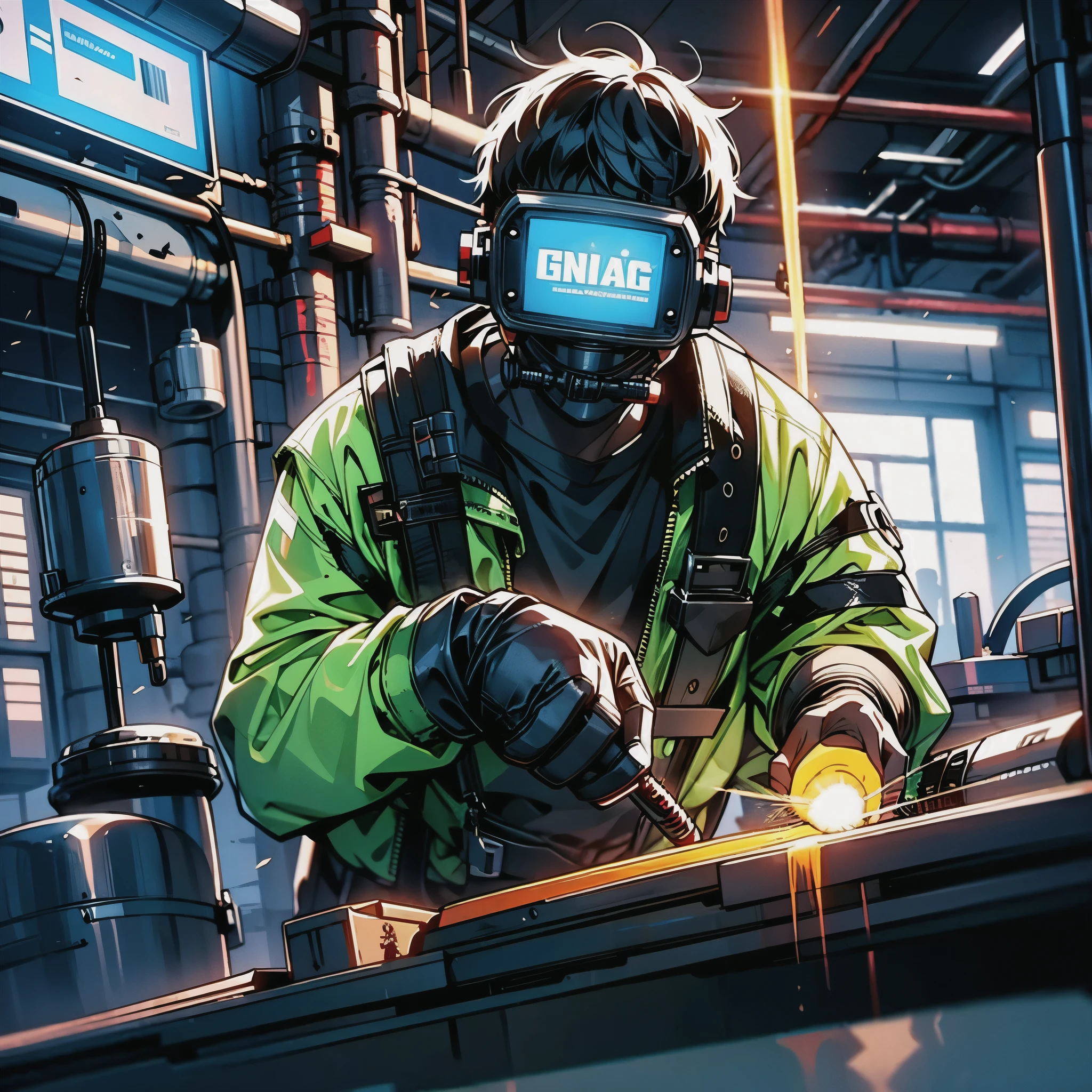 A welder holding a welding torch and covering the welding surface of an LCD is welding in a factory.