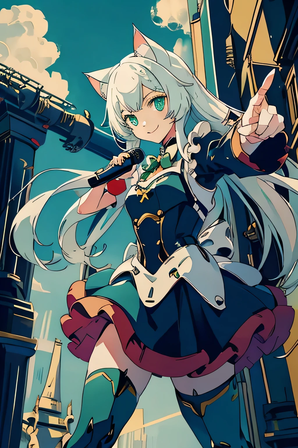 1 Cat-eared maid wearing a mecha suit, Slender fuselage,shining eyes, ((cool pointing pose)),((I have a karaoke microphone)),camouflage, green and white body,((cat ears long hair)),battlefield concept art ,ink art, flat color, high contrast, fashion absurdity, highest quality, negative space,Against the background of blue sky and white clouds,With a big smile,