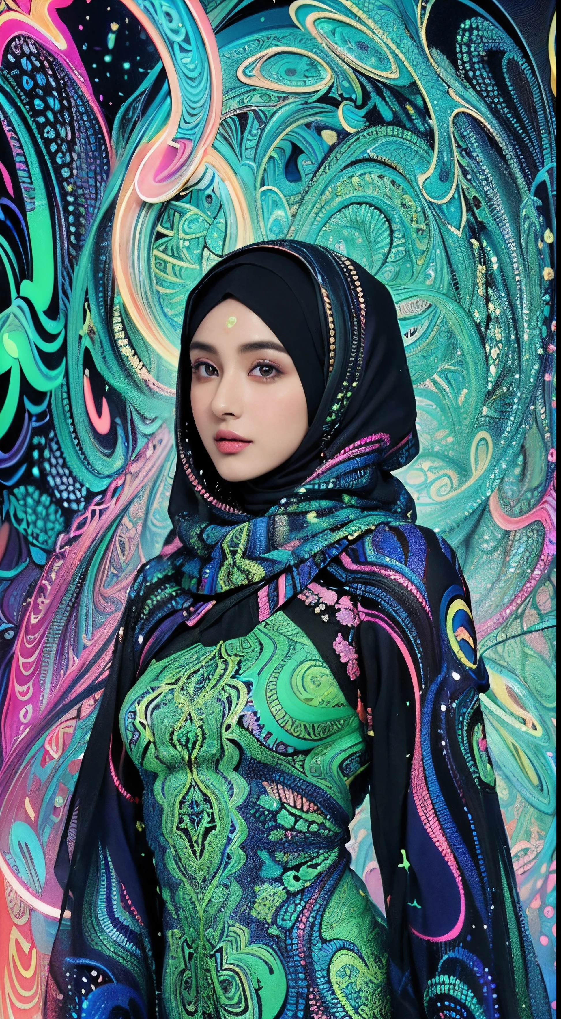 Hijab, (masterpiece, top quality, best quality, official art, Beautiful and beautiful:1.2), (1 girl:1.3), Very detailed,(Fractal art:1.2),rich and colorful,most detailed,( Zentangle neon light:1.2), (dynamic poses), (Abstract background neon lights:1.5), (Traditional clothing:1.2), (skin shiny), (Many colors:1.4), Upper body ,neon,16k,Full HD