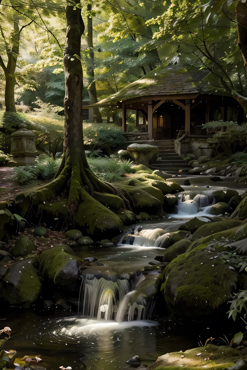 Capture the ethereal beauty of the Whispering Grove in a photorealistic drawing. Depict the ancient trees with their gnarled branches, the soft glow of sunlight filtering through the leaves, and the gentle stream winding its way through the grove. Include small details like flowers, ferns, and moss-covered rocks to bring the scene to life. Try to convey the sense of peace and magic that permeates this mystical place.