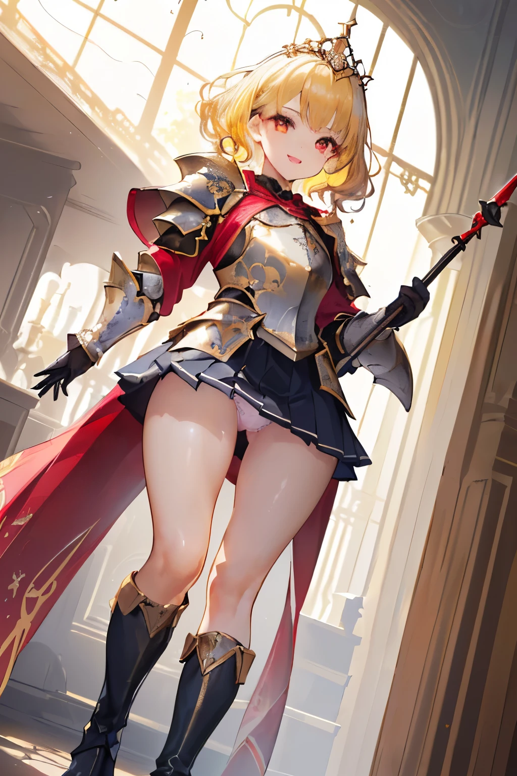 (((1girl))), ((best quality)), ((masterpiece)), ((ultra-detailed)), (illustration), (detailed light), (an extremely delicate and beautiful), (beautiful detailed eyes), (sunlight), ((extremely light)), ((extremely clothes)), (((hyper detail))),(((((front lighting))))),(((((front light))))),
((((quite adorable and metal armor with a pleated skirt and robe and tiara)))),
((((Grand Master Knight)))),
,
(((wavy short manish bob))), ((((yellow gold hair)))), ((((short hair)))),
(((deep red eyes))),
((((whole body)))), aged 5 to 8, ((((())))), ((((very adorable young girl)))),
((condescending expression)), ((mischievous smile with sexual satisfaction)), (((extra adorable))), (((((extra slender shape))))),
(((((extremely beautiful detailed face))))),
(((bravely standing with a spear))), (((elegant boots))),
(Dutch angle), (((elegant gloves))), ((transparent magical underskirt)), ((a little bit exposed adorable magical panties))