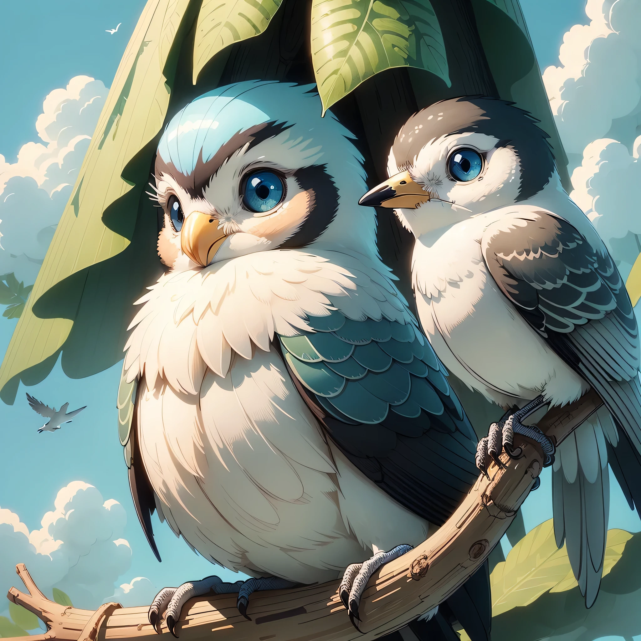 Striped、(Illustration style:1.5)、Little white bird There are five birds friends find a mysterious Mapbox in a forest
、(high-detail:1.5)、blue-sky、(Little bird perching on a branch:1.2)、Blind eyes、black eyes、