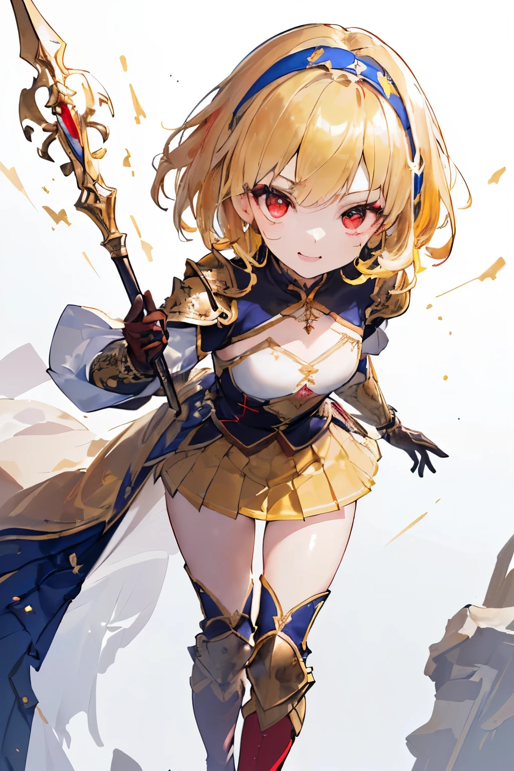 (((1girl))), ((best quality)), ((masterpiece)), ((ultra-detailed)), (illustration), (detailed light), (an extremely delicate and beautiful), (beautiful detailed eyes), (sunlight), ((extremely light)), ((extremely clothes)), (((hyper detail))),(((((front lighting))))),(((((front light))))),
((((quite adorable and leatherl armor with a pleated skirt and robe and headband)))),
((((Grand Master Soldier)))),
,
(((wavy short manish bob))), ((((yellow gold hair)))), ((((short hair)))),
(((deep red eyes))),
((((whole body)))), aged 5 to 8, ((((())))), ((((very adorable young girl)))),
((condescending expression)), ((mischievous smile with sexual satisfaction)), (((extra adorable))), (((((extra slender shape))))),
(((((extremely beautiful detailed face))))),
(((bravely standing with a spear))), (((elegant boots))),
(Dutch angle), (((elegant gloves))), ((transparent magical underskirt)), ((a little bit exposed adorable magical panties))