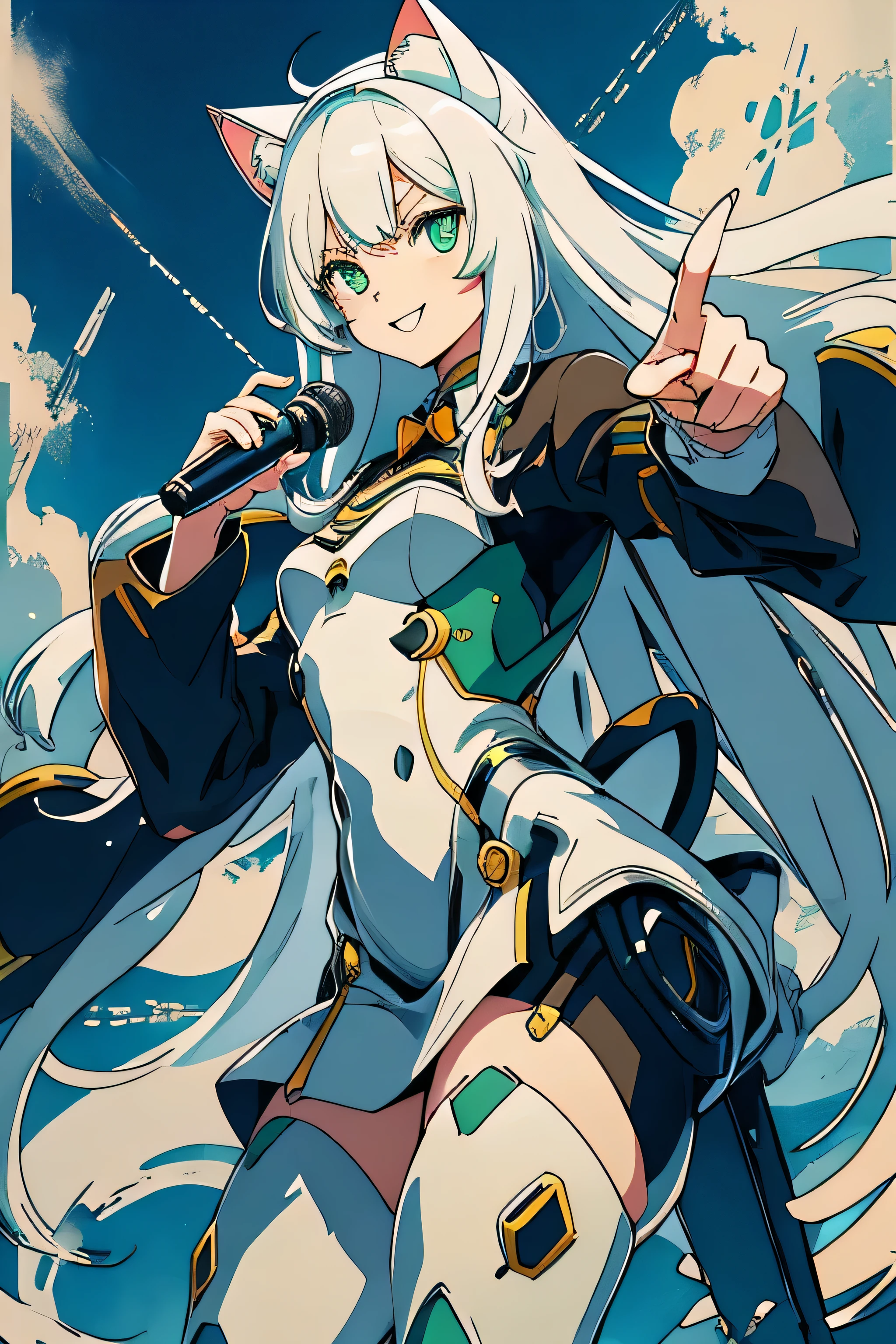 1 Cat-eared maid wearing a mecha suit, Slender fuselage,shining eyes, ((cool pointing pose)),((I have a karaoke microphone)),camouflage, green and white body,((cat ears long hair)),battlefield concept art ,ink art, flat color, high contrast, fashion absurdity, highest quality, negative space,Against the background of blue sky and white clouds,With a big smile,