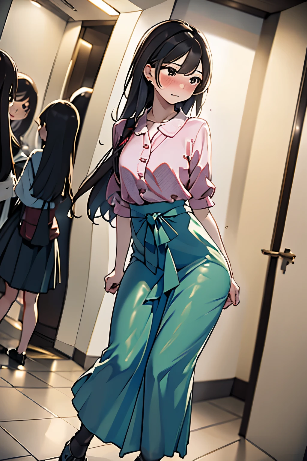 Anime Girl In A Pink Shirt And Green Pants Walking Down A Hallway 