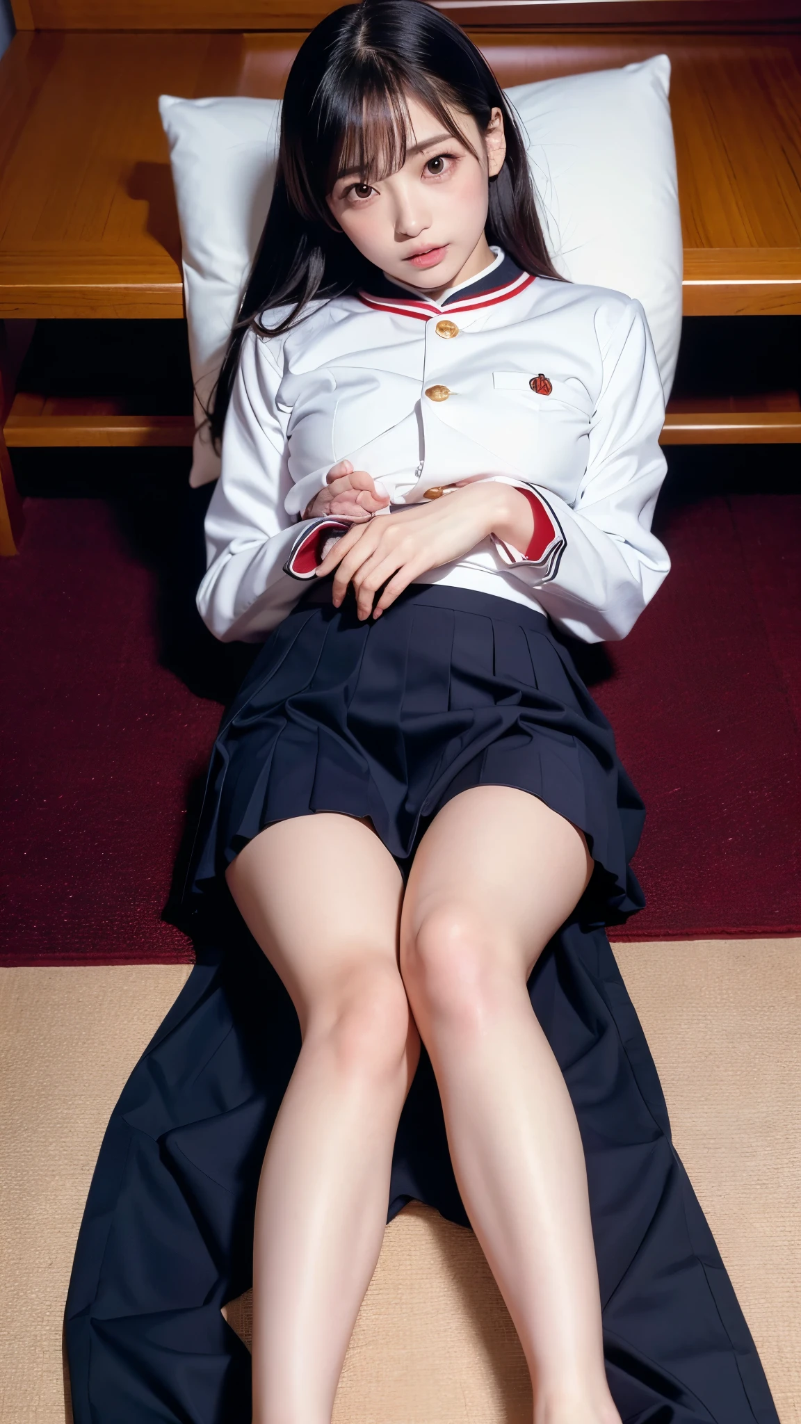 cute japanese girl, full finger, full legs, full arms, (realistic pictures:1.4), highest quality, masterpiece, ultra high resolution, (photo-realistic:1.4), RAW photo, (Highest image quality:1.4), one person, (Over 32 years old), (Angle from directly above:1.4), (show the soles of your feet:1.2), (lie down on the back:1.4), (JK uniform:1.3), expression of ecstasy