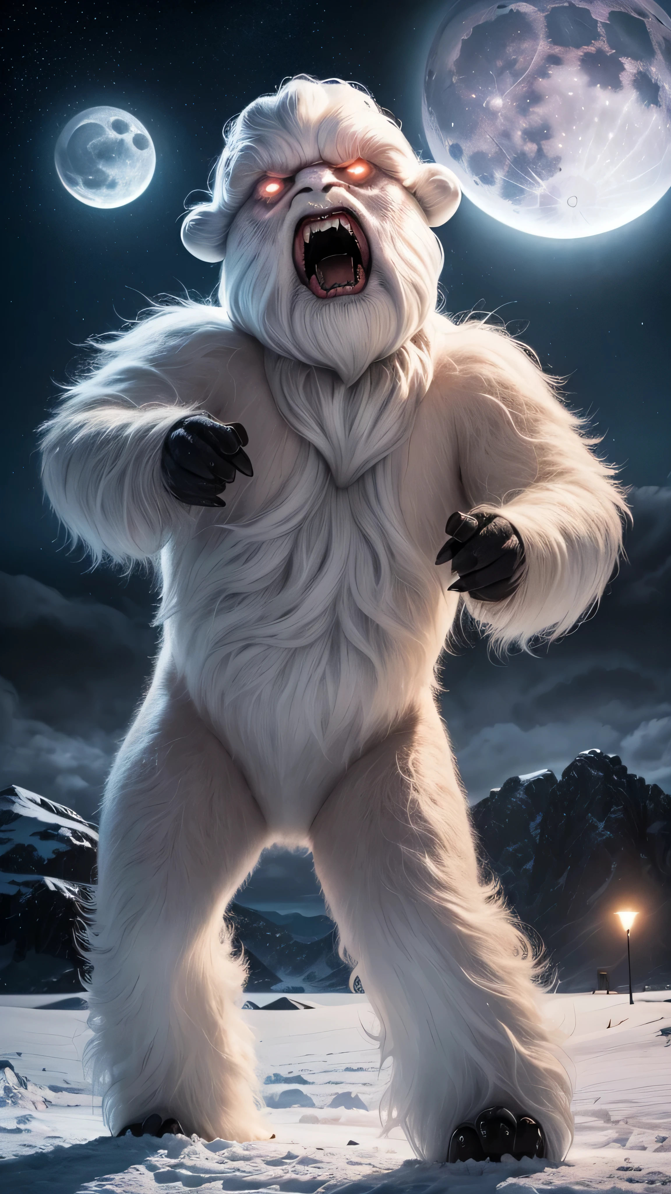 huge angry vicious wampa, teeth and tongue, dynamic running pose, hungry, photorealistic, fujifilm, glowing eyes