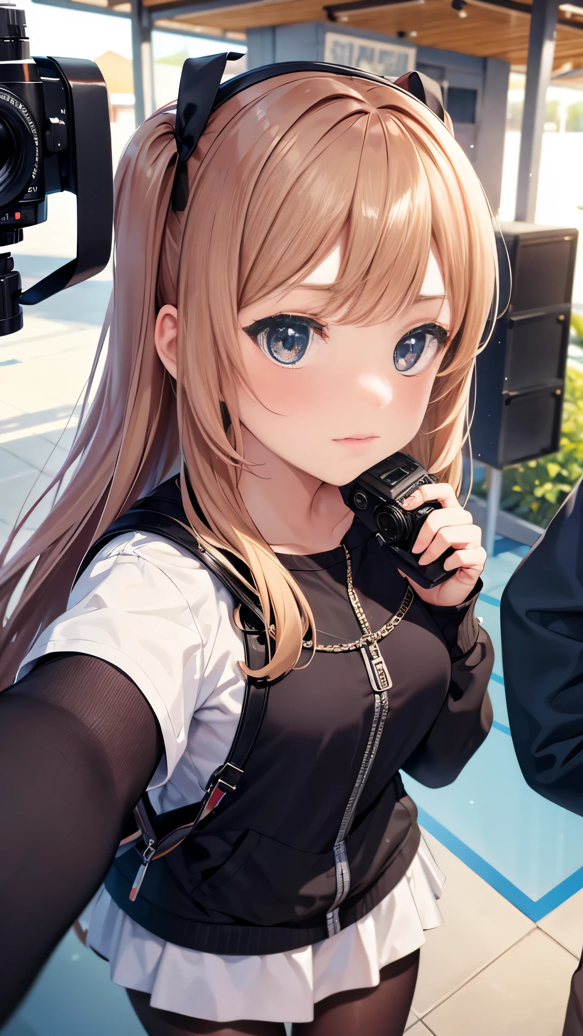 Close-up of girl's face, Reject expressions, Travel variety show scene, Femdom shaking hands, Speaking posture, camera, Recording equipment, 