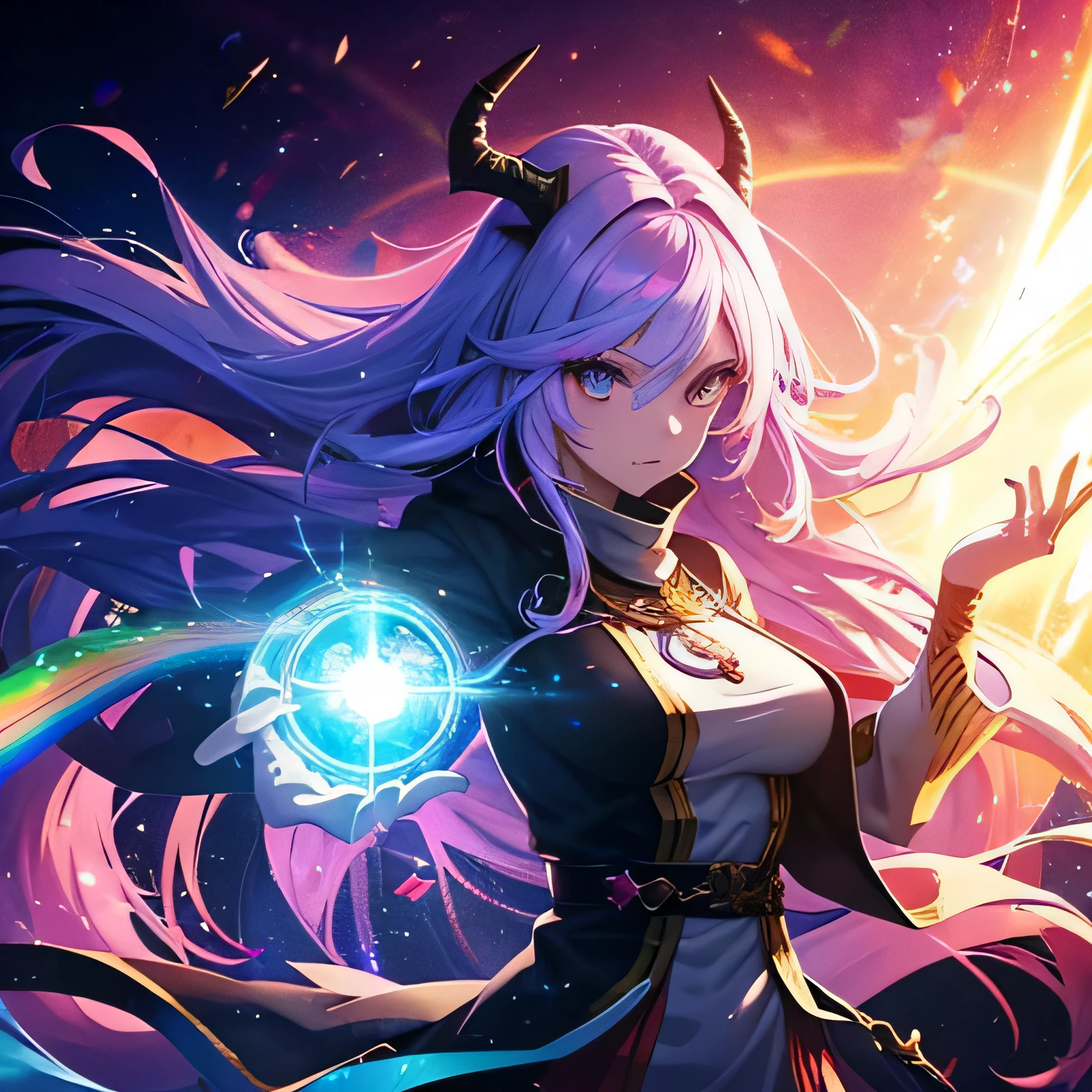 An anime female human with rainbow hair, rainbow eyes, dragon horns, and a dragon tail. (best quality, realistic:1.37), vibrant colors, detailed facial features, flowing hair, dynamic pose, fantasy art style, glowing rainbow aura