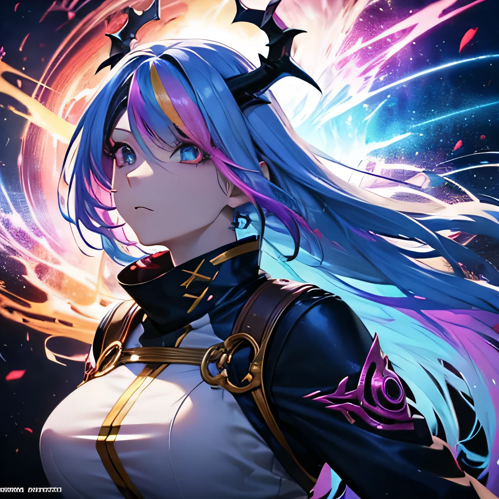 An anime female human with rainbow hair, rainbow eyes, dragon horns, and a dragon tail. (best quality, realistic:1.37), vibrant colors, detailed facial features, flowing hair, dynamic pose, fantasy art style, glowing rainbow aura