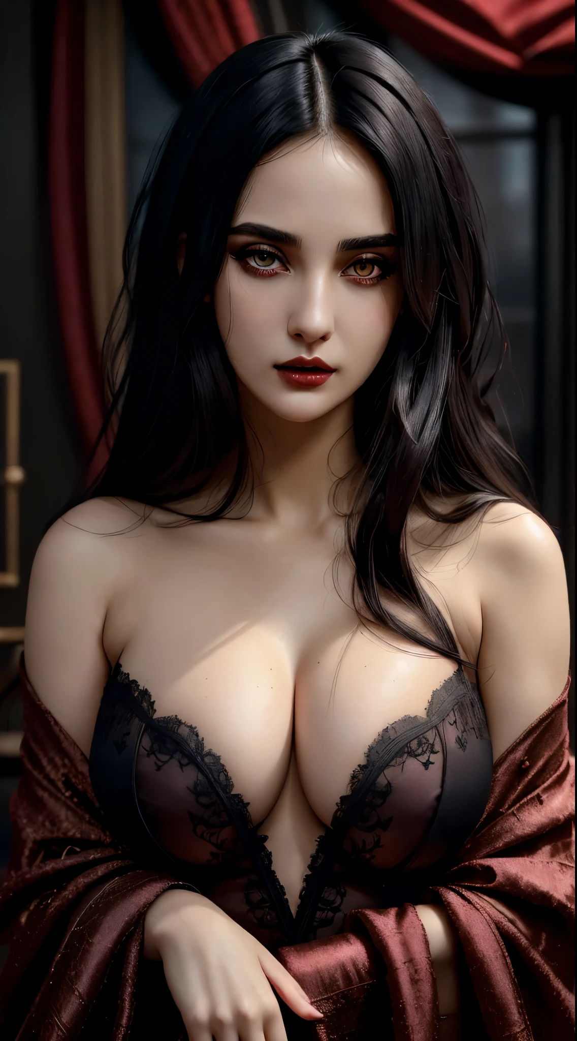 (best quality, hyperdetailed photography:1.2), beautiful lady, ,red eyes , black hair,dark makeup, soft light, snoopy breast,head and breast portrait, cover, (detailed beautiful face, detail skin texture, ultra-detailed body:1.1) sexy vampire girl,, massive perfect breast, closeup portrait, sexy woman, ,, luxurious lifestyle, luxurious dress ,, naked breast 