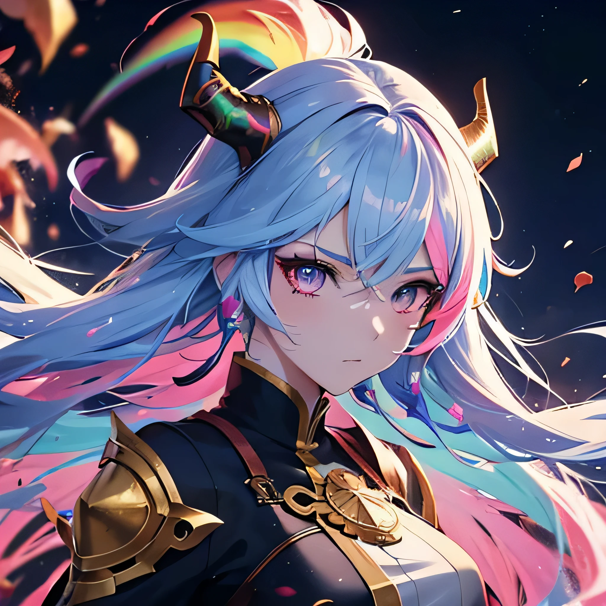 An anime female human with rainbow hair, rainbow eyes, dragon horns, and a dragon tail. (best quality, realistic:1.37), vibrant colors, detailed facial features, flowing hair, dynamic pose, fantasy art style, glowing rainbow aura