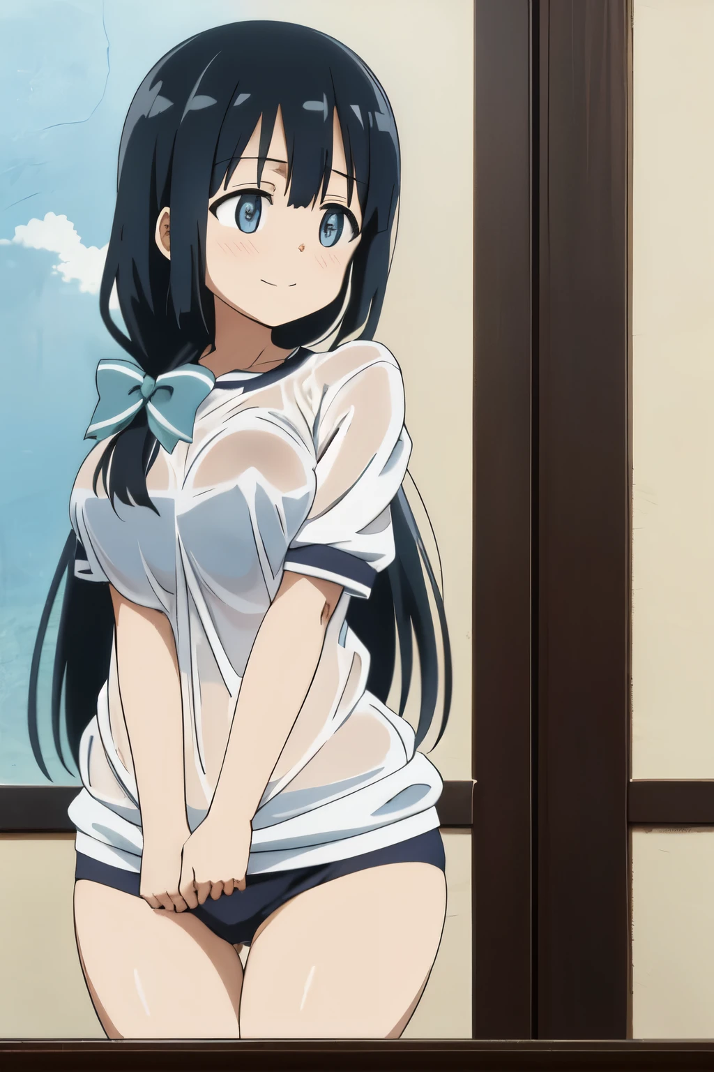 Tougou_mimori, 1girl, 13years old, long hair, bow, light blue eyes, black hair, ribbon, perfect anatomy, gigantic breasts, (navy blue buruma), gym clothes, see-through white shirt, posed photo, wide-angle photo, big ass, naughty smile, embarrassed look, anime, anime screencap, best illustration, absurdres,