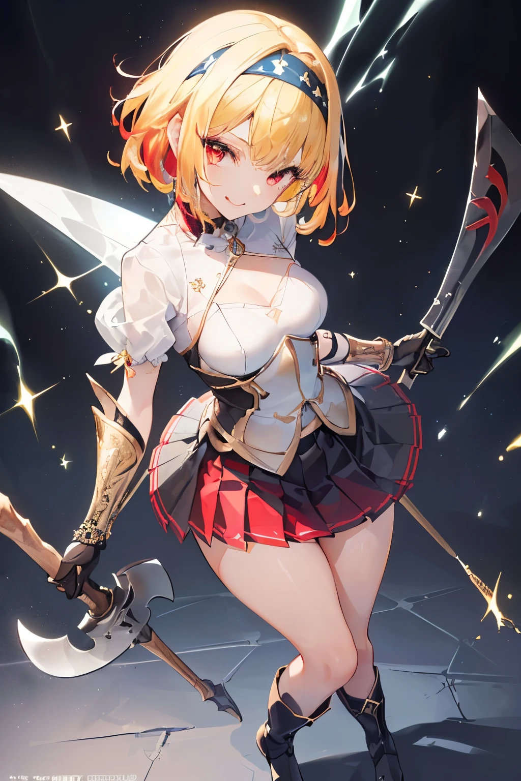 (((1girl))), ((best quality)), ((masterpiece)), ((ultra-detailed)), (illustration), (detailed light), (an extremely delicate and beautiful), (beautiful detailed eyes), (sunlight), ((extremely light)), ((extremely clothes)), (((hyper detail))),(((((front lighting))))),(((((front light))))),
((((quite adorable and metal black armor with a red pleated skirt and headband)))),
((((Soldier)))),
,
(((wavy short manish bob))), ((((yellow gold hair)))), ((((short hair)))),
(((deep red eyes))),
((((whole body)))), aged 5 to 8, ((((())))), ((((very adorable young girl)))),
((condescending expression)), ((mischievous smile with sexual satisfaction)), (((extra adorable))), (((((extra slender shape))))),
(((((extremely beautiful detailed face))))),
(((bravely standing with an axe))),
(((elegant boots))),
(Dutch angle), (((elegant gloves))), ((transparent magical underskirt)), ((a little bit exposed adorable magical panties))