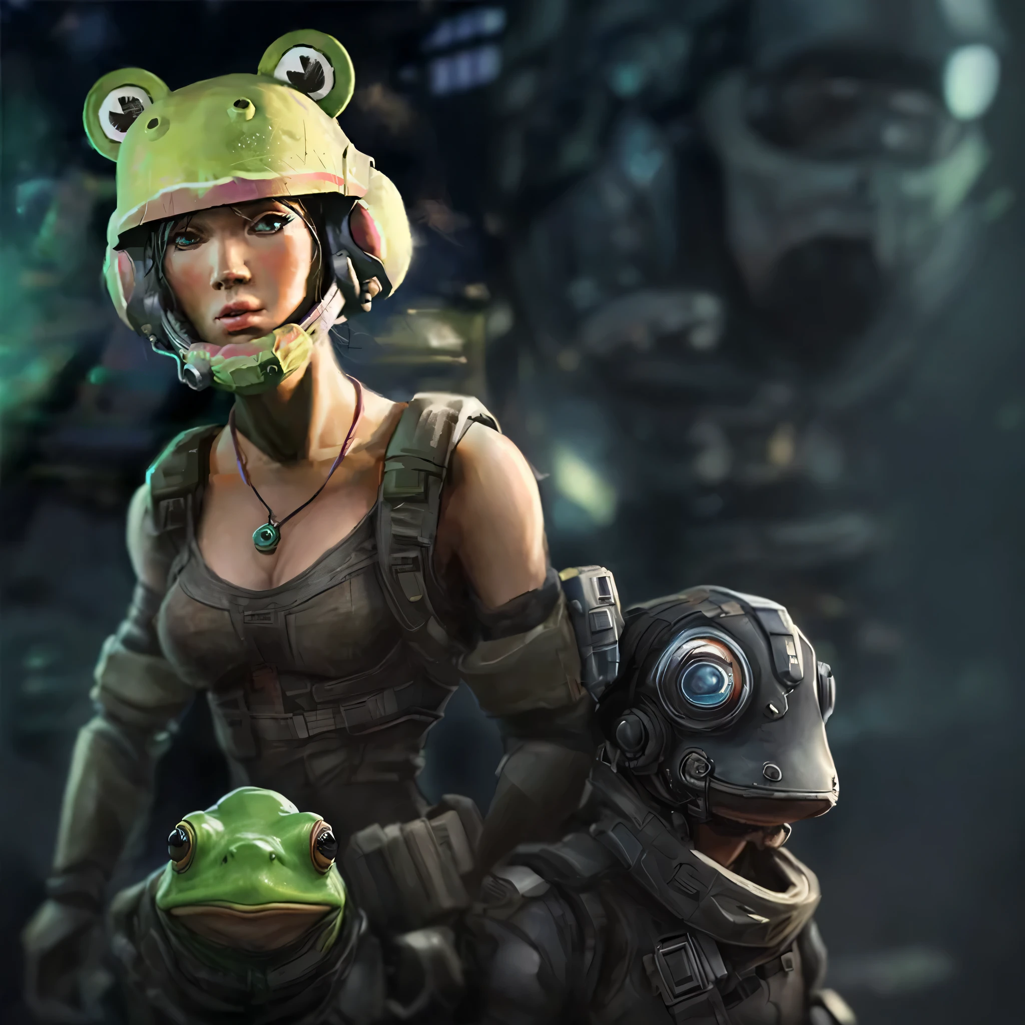 One wearing a frog hat、Close-up of person with eyes, cyberpunk frog, Avatar picture, video game avatar, frog head, Peak Legend Portrait, Unreal 5. RPG portrait, Teemo, Mechanized female soldier, infantry girl, Wojtek FUS, closeup portrait, epic game portrait, Close-up of people, Yun Ling, alien frog, John Parker