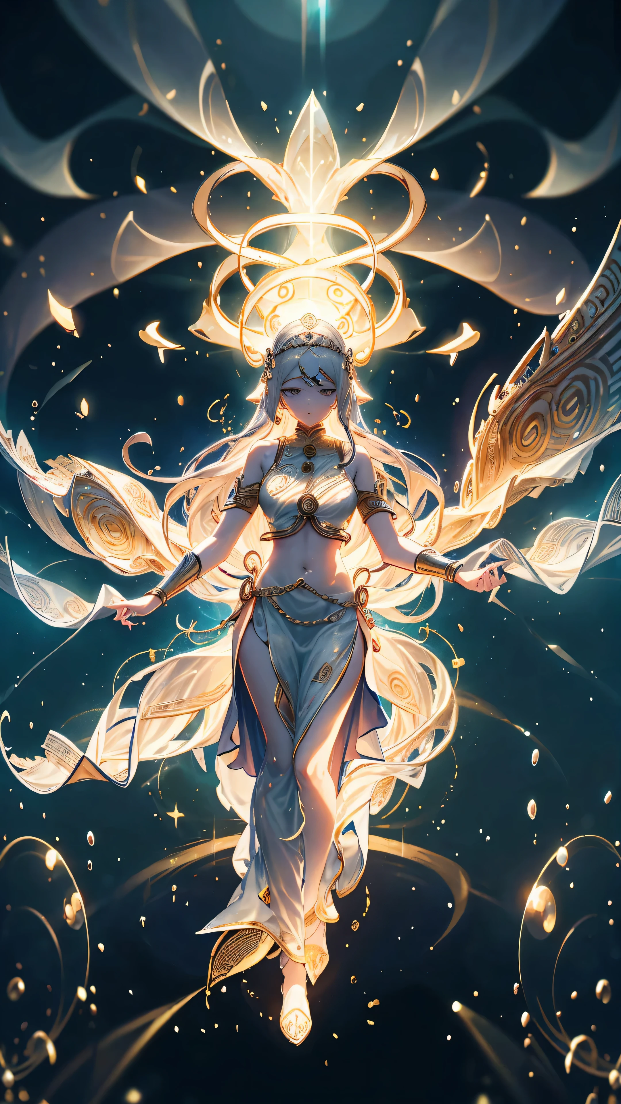 Women, Buddha Emperor's clothes, emperor's Buddha, Dao Ying and big symbols in the background, elegant, many Dao magic runes in the area effect, golden floor with Dao pattern drawings, One thousand Buddha Palm.HD lighting and dark )<=(epic image quality)dark atmosphere with bright particle light(many effects in background)